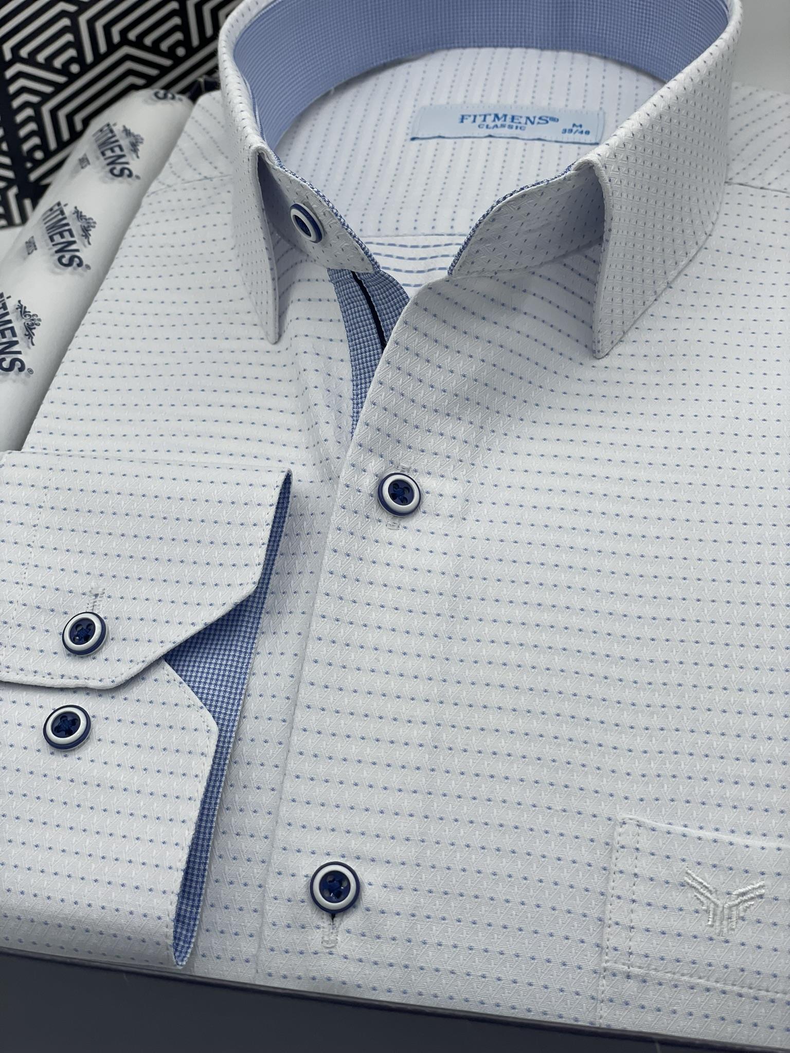 Klasik Uzun Kol Nokta Desenli Hediye Kutulu Erkek Gömlek FS-001259 - Beyaz Açık Mavi