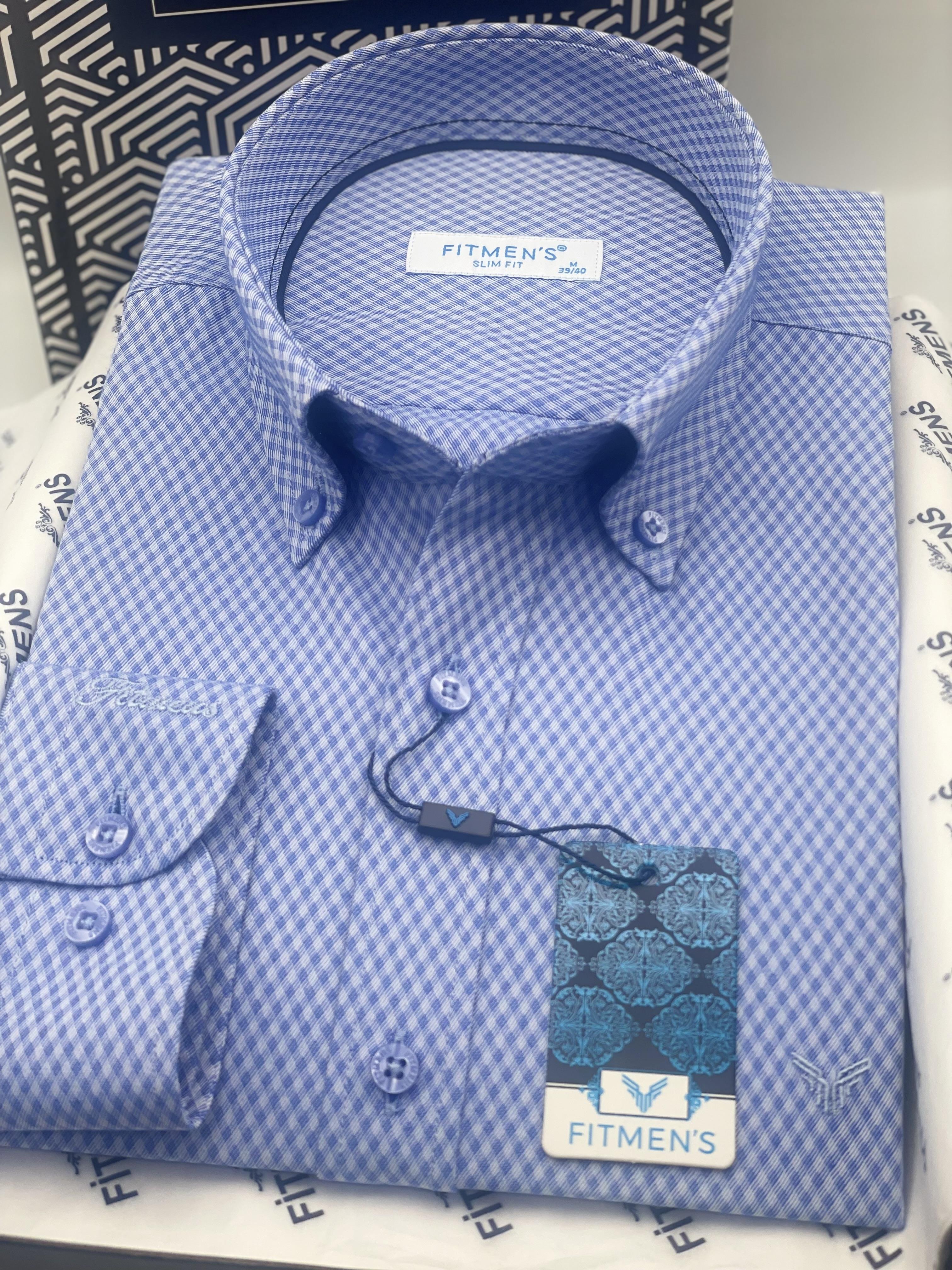 Slim Fit Uzun Kol Baklava Desen Kol Nakışlı Yaka Düğmeli Hediye Kutulu Şık Erkek Gömlek FS-004200 - Saks Mavi