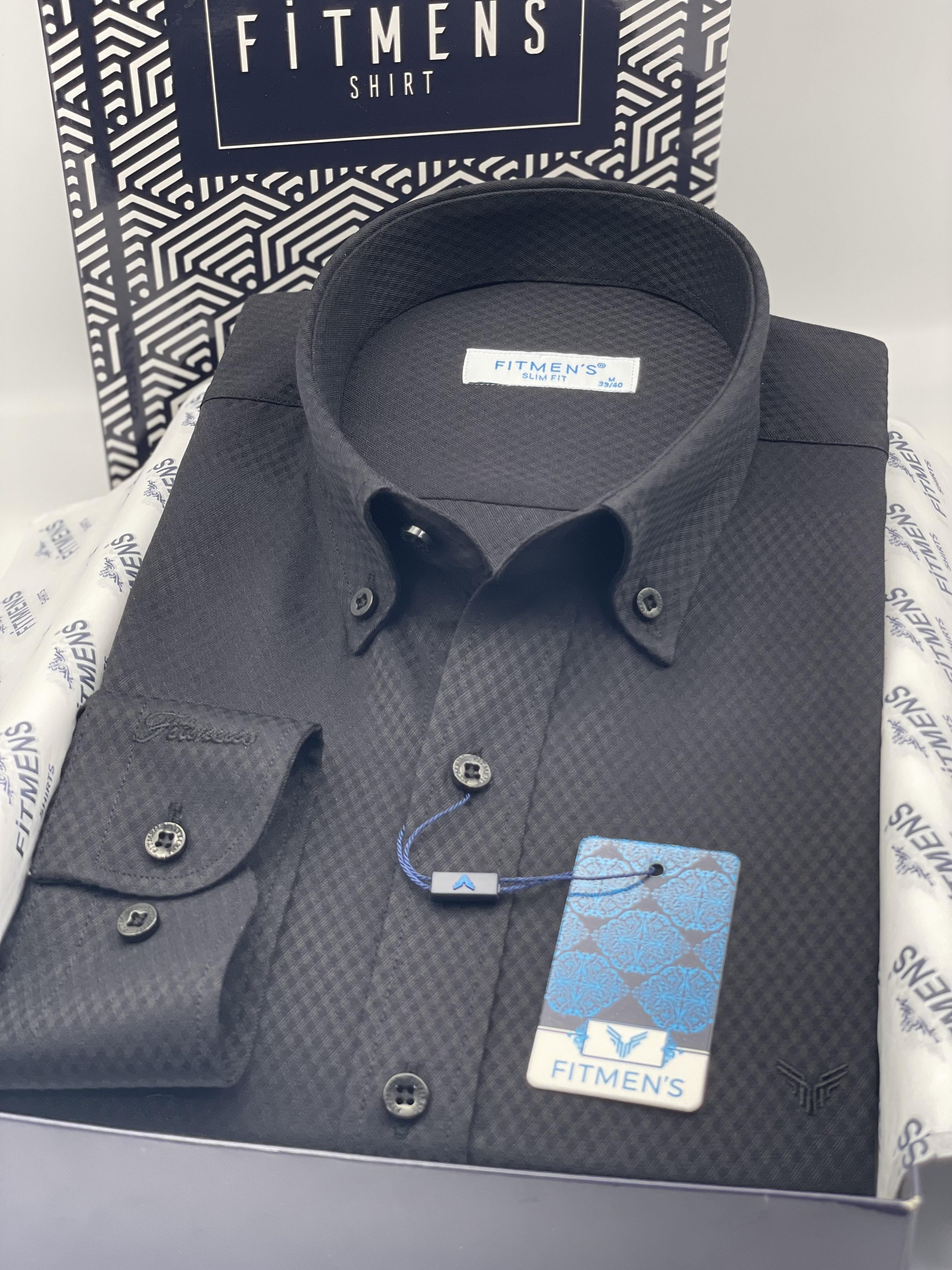 Slim Fit Uzun Kol Baklava Desen Kol Nakışlı Yaka Düğmeli Hediye Kutulu Şık Erkek Gömlek FS-004200 - Siyah