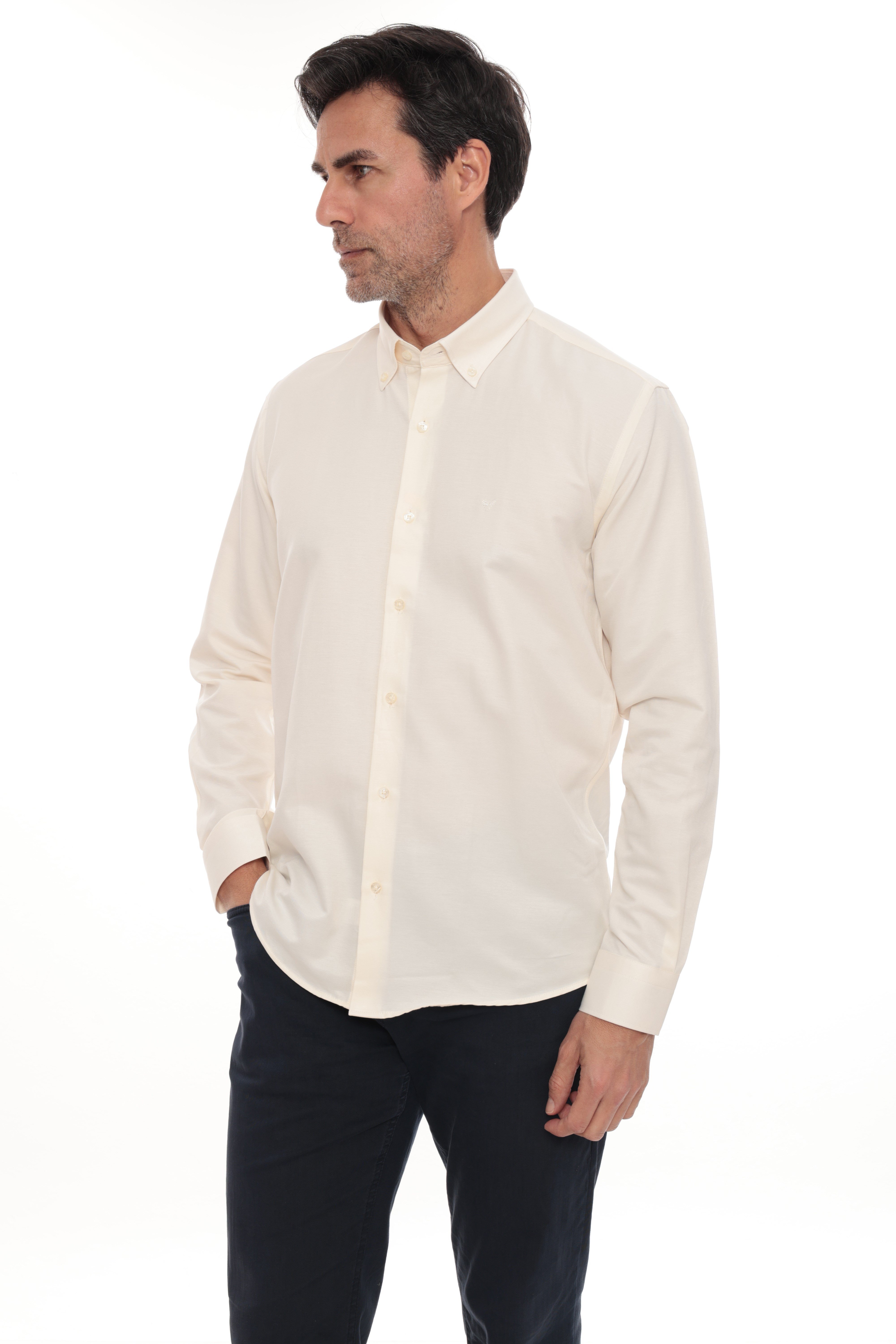 Slim Fit Uzun Kol Pamuklu Hediye Kutulu Kolay Ütülenebilir Erkek Gömlek FS-002225 - Krem