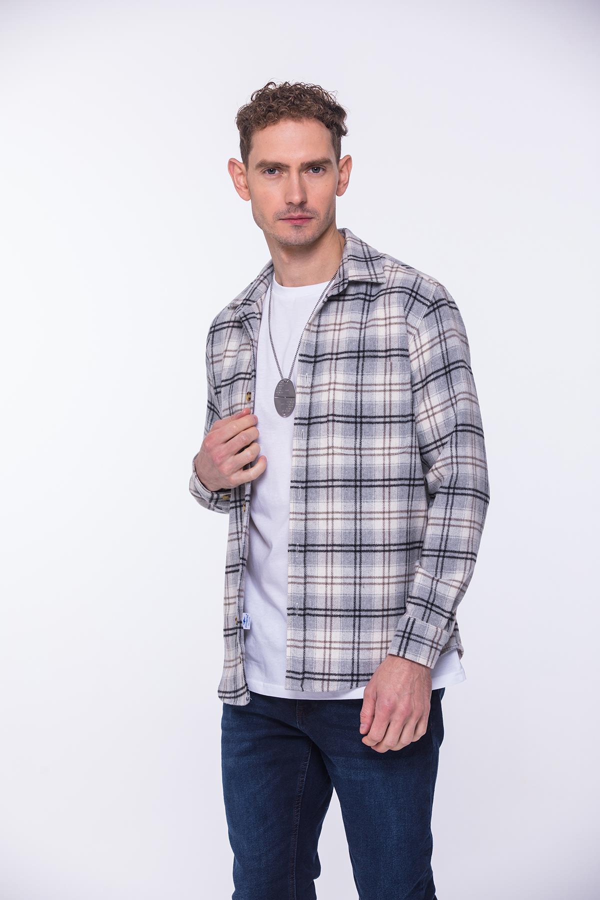 Oversize Oduncu Yumuşak Dokulu %100 Cotton Kareli Hediye Kutulu Erkek Gömlek FS-002200 - Gri