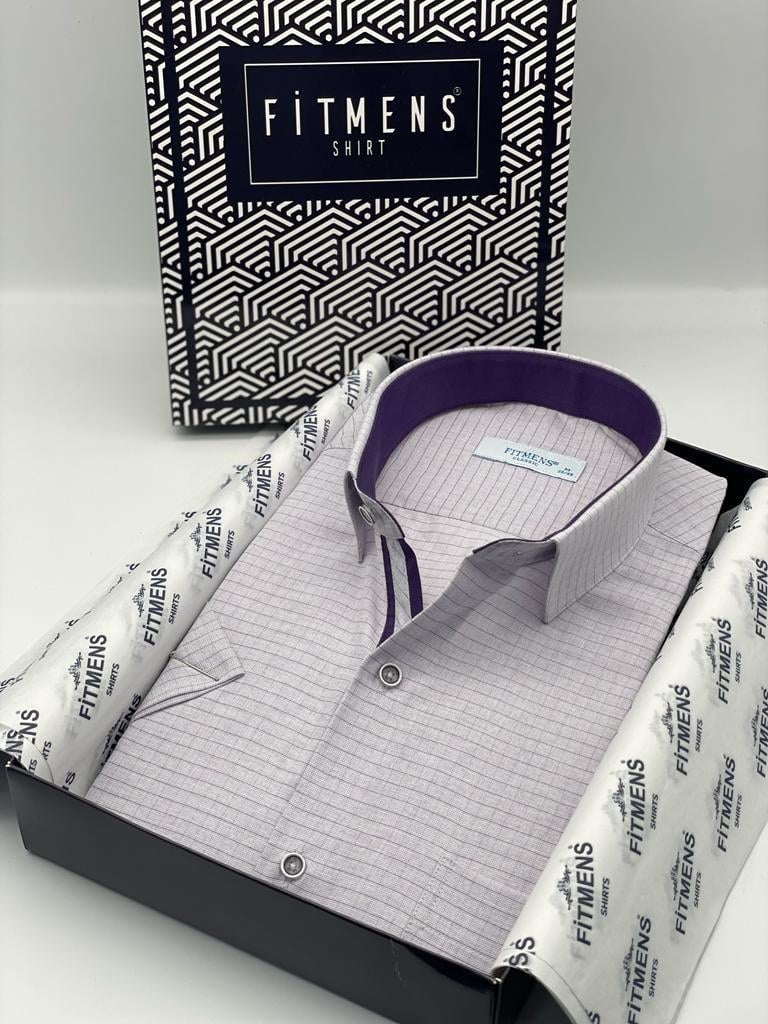 Klasik Kısa Kol Keten Cotton Kareli Pamuk Hediye Kutulu Erkek Gömlek FS-003009 - Lila