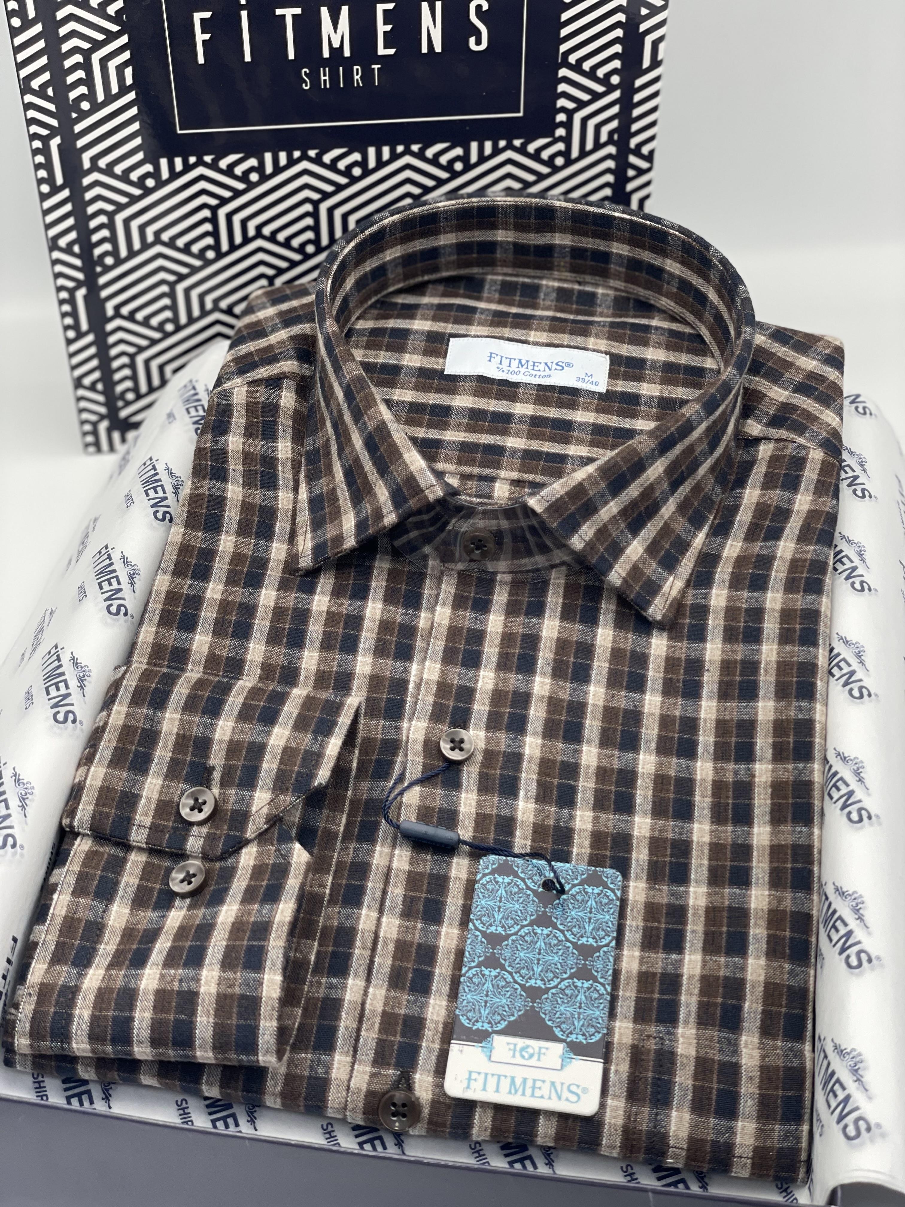 Klasik Uzun Kol Kışlık %100 Cotton Kareli Yaka Alttan Düğmeli Hediye Kutulu Erkek Gömlek FS-001984 - Kahverengi