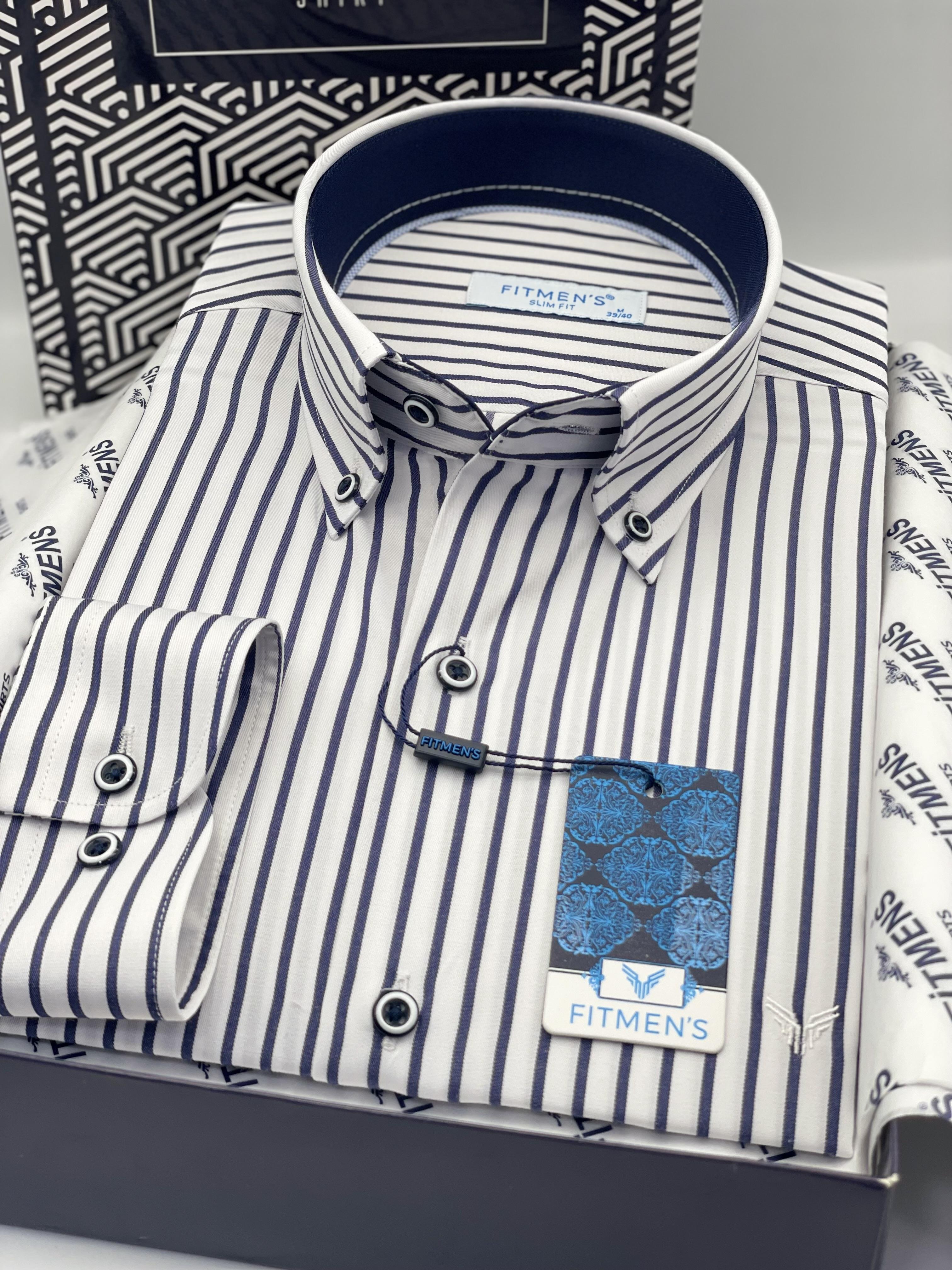Slim Fit Uzun Kol Premium Kalın Çizgili Yaka Düğmeli Hediye Kutulu Kolay Ütülenebilir Erkek Gömlek FS-001375 - Beyaz Lacivert