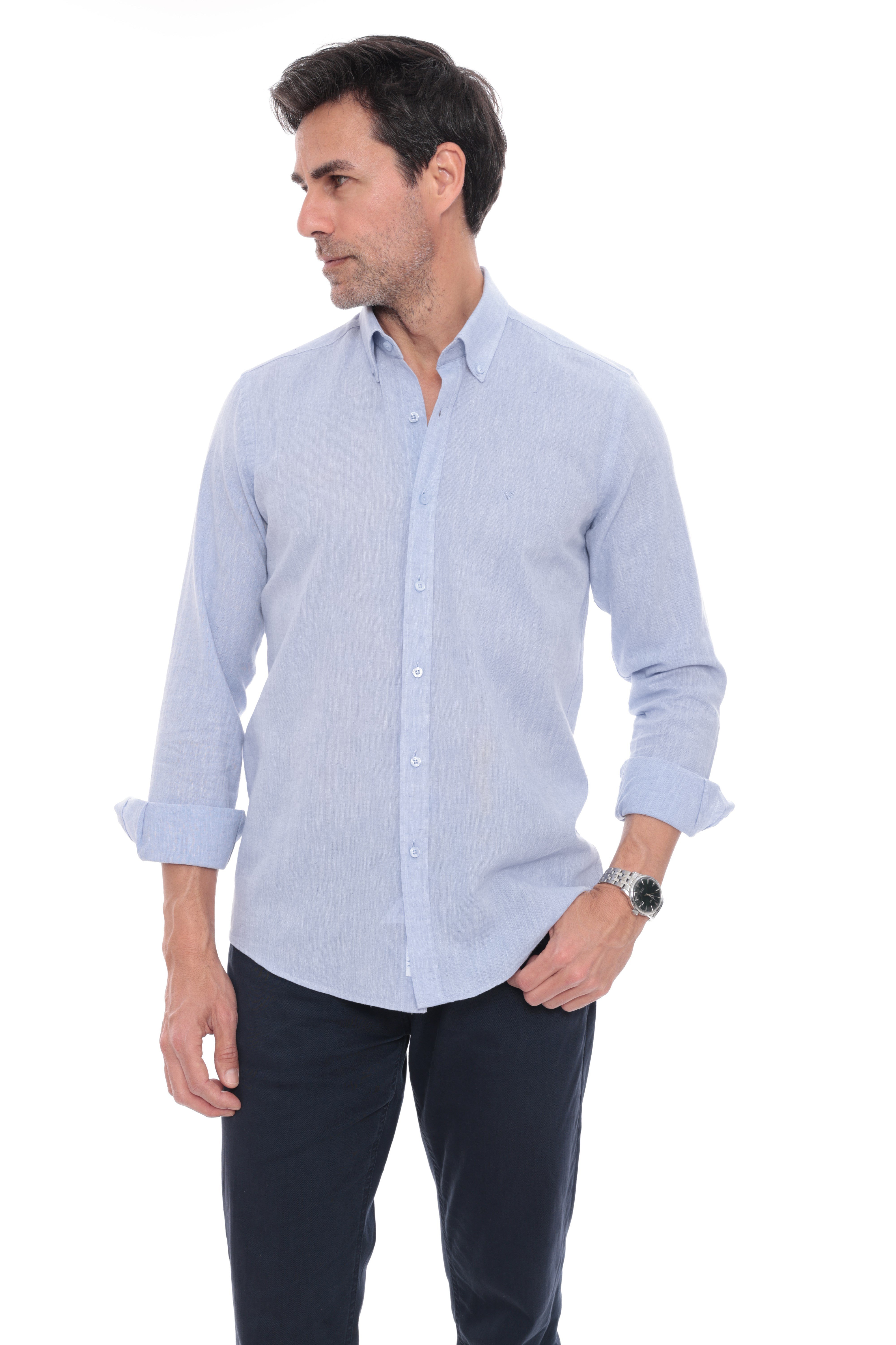 Slim Fit Uzun Kol Yaka Düğmeli Nefes Alan Keten Hediye Kutulu Erkek Gömlek FS-004548 - Mavi
