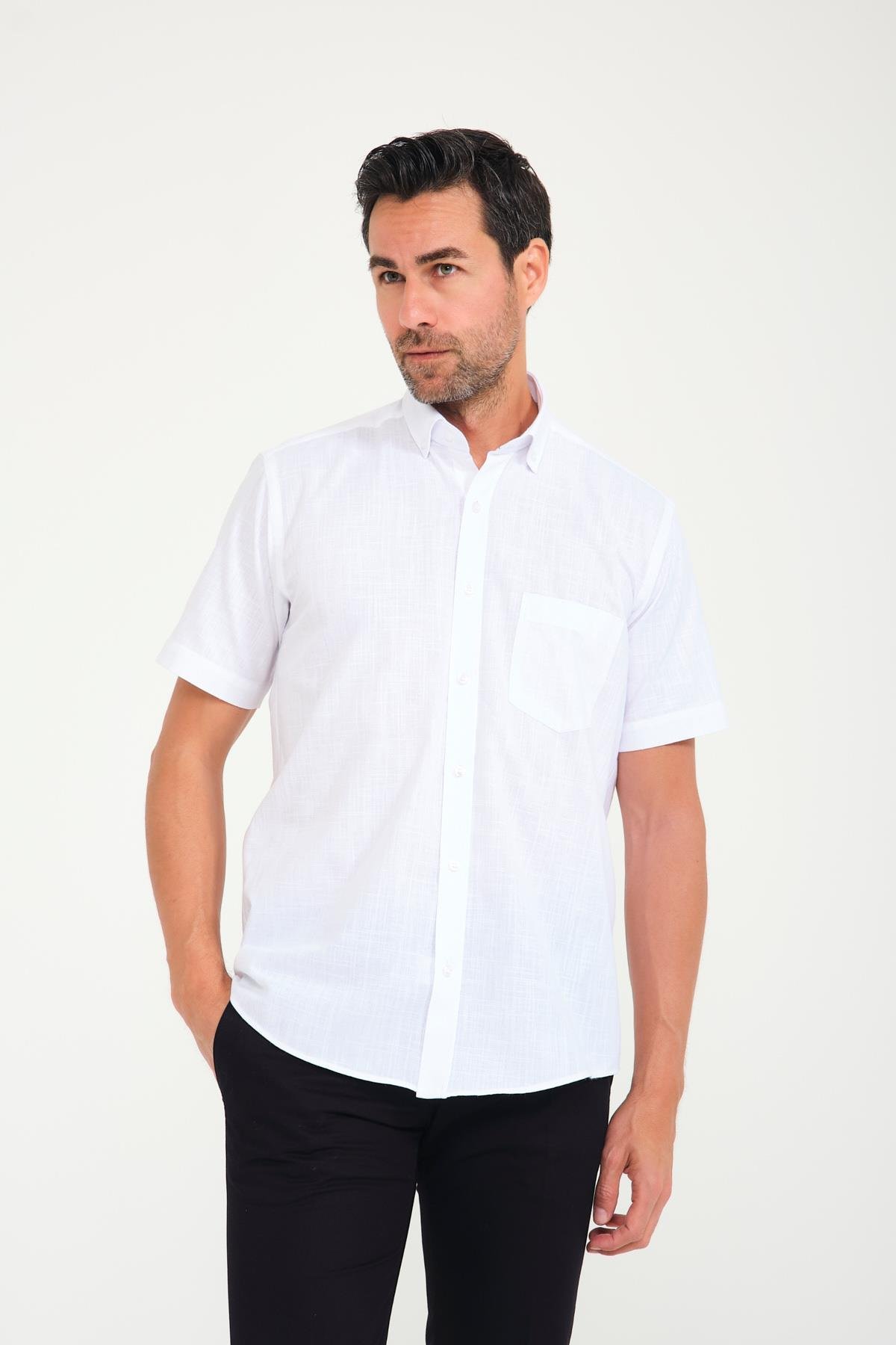 Klasik Kısa Kol Linen Keten Yaka Düğmeli Hediye Kutulu Erkek Gömlek FS-001202 - Beyaz Lacivert