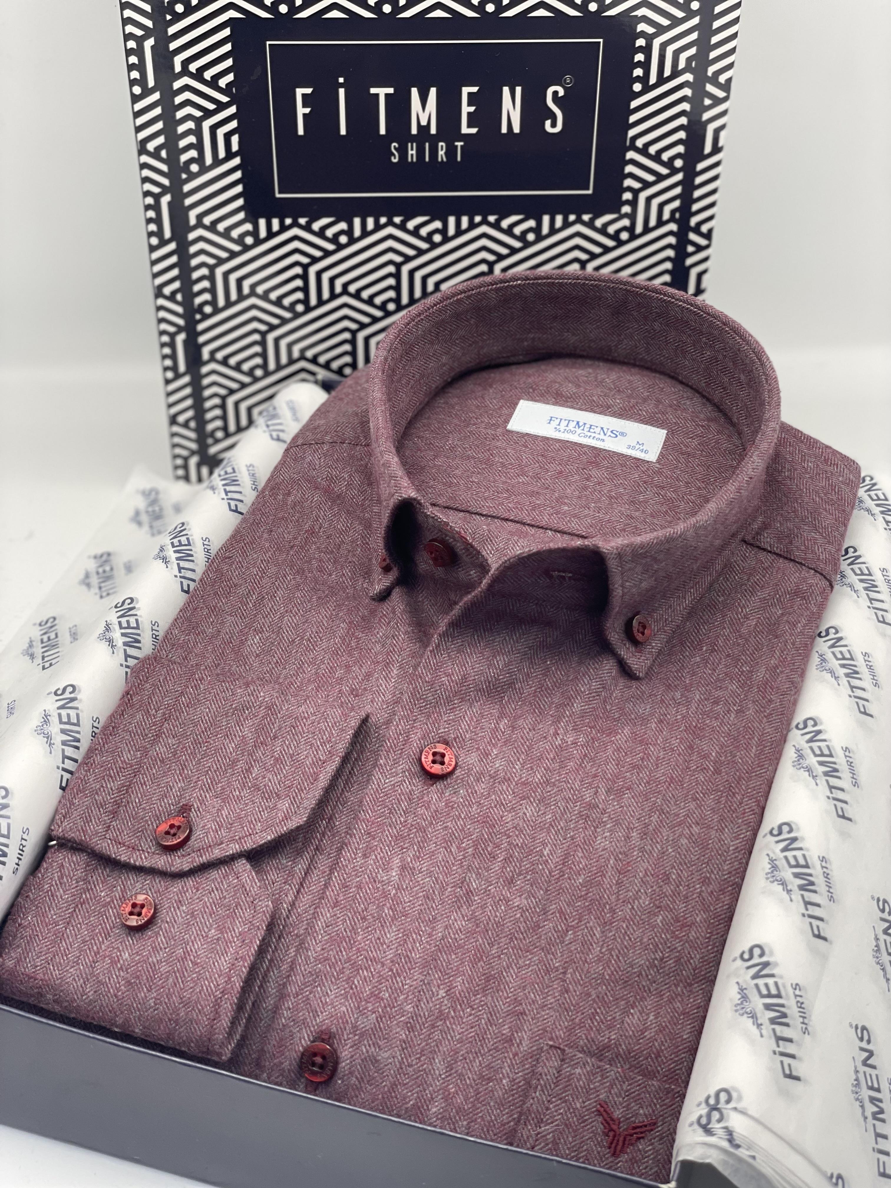 Klasik Uzun Kol Kışlık %100 Cotton Balıksırtı Yaka Düğmeli Hediye Kutulu Erkek Gömlek FS-001991 - Bordo