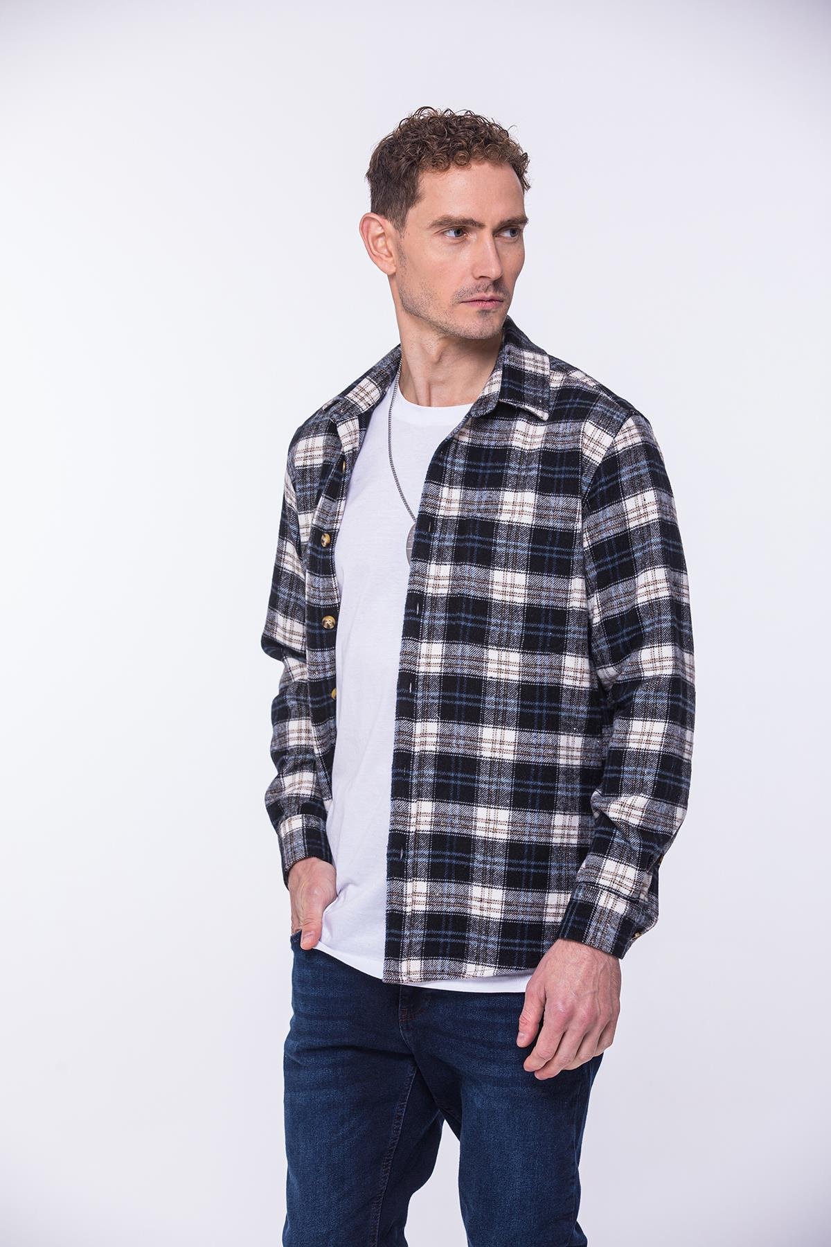 Oversize Oduncu Yumuşak Dokulu %100 Cotton Kareli Hediye Kutulu Erkek Gömlek FS-002203 - Lacivert