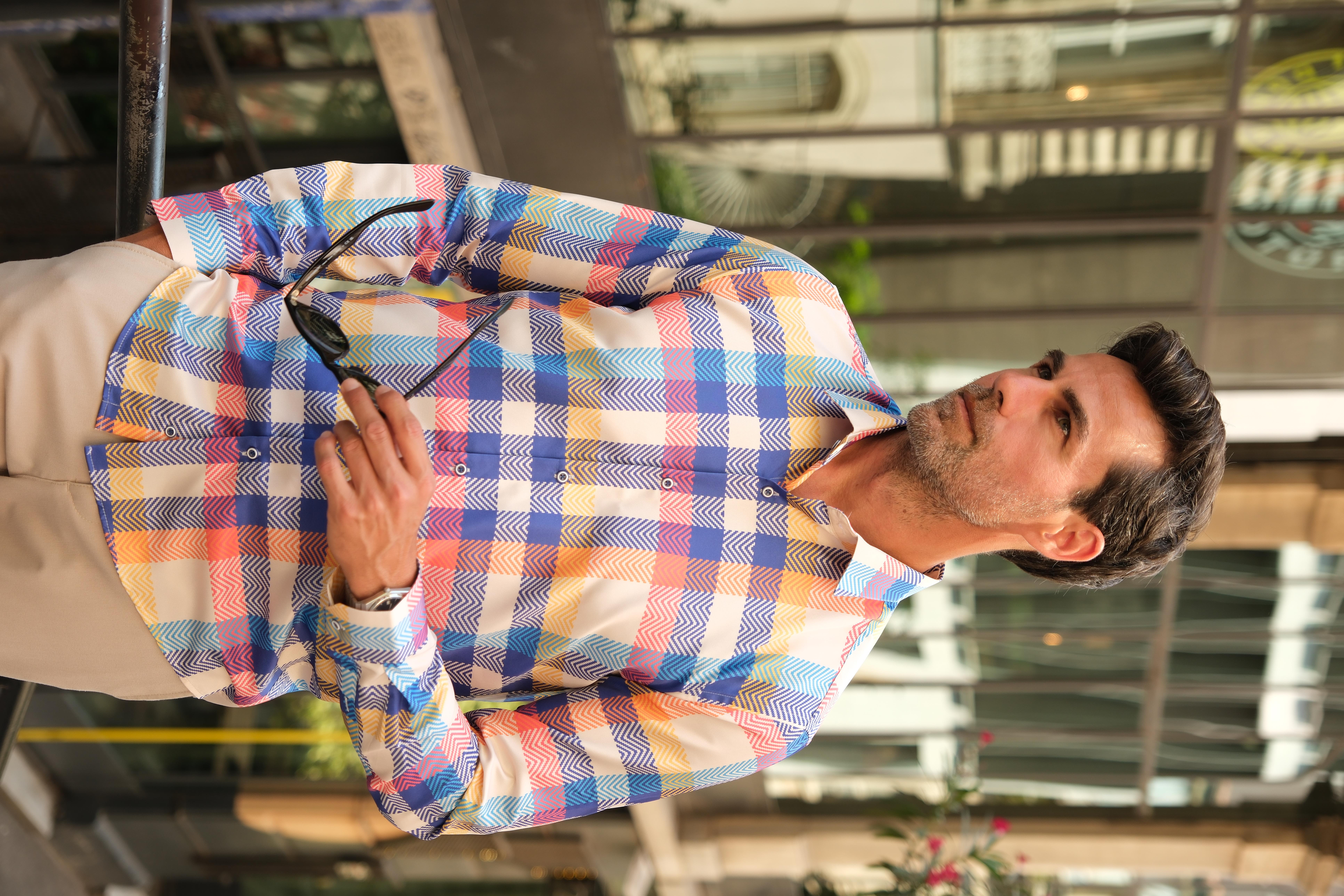 Slim Fit Uzun Kol Dijital Baskılı Likralı Yaka Alttan Düğmeli Renkli Gömlek FS-003232 - Sarı