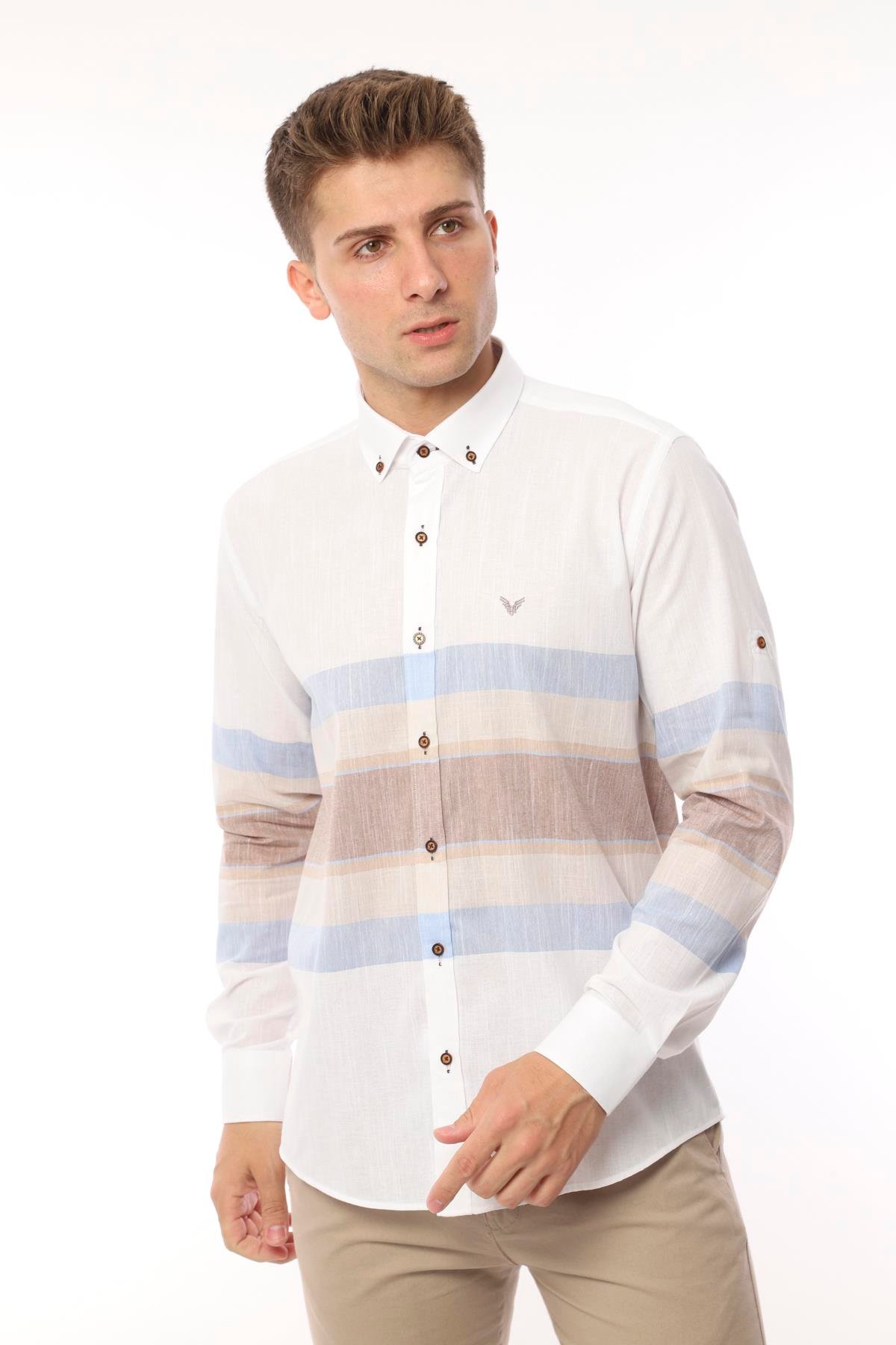 Slim Fit Uzun Kol Panolu Keten Hediye Kutulu Kolay Ütülenebilir Erkek Gömlek FS-002995 - Bej