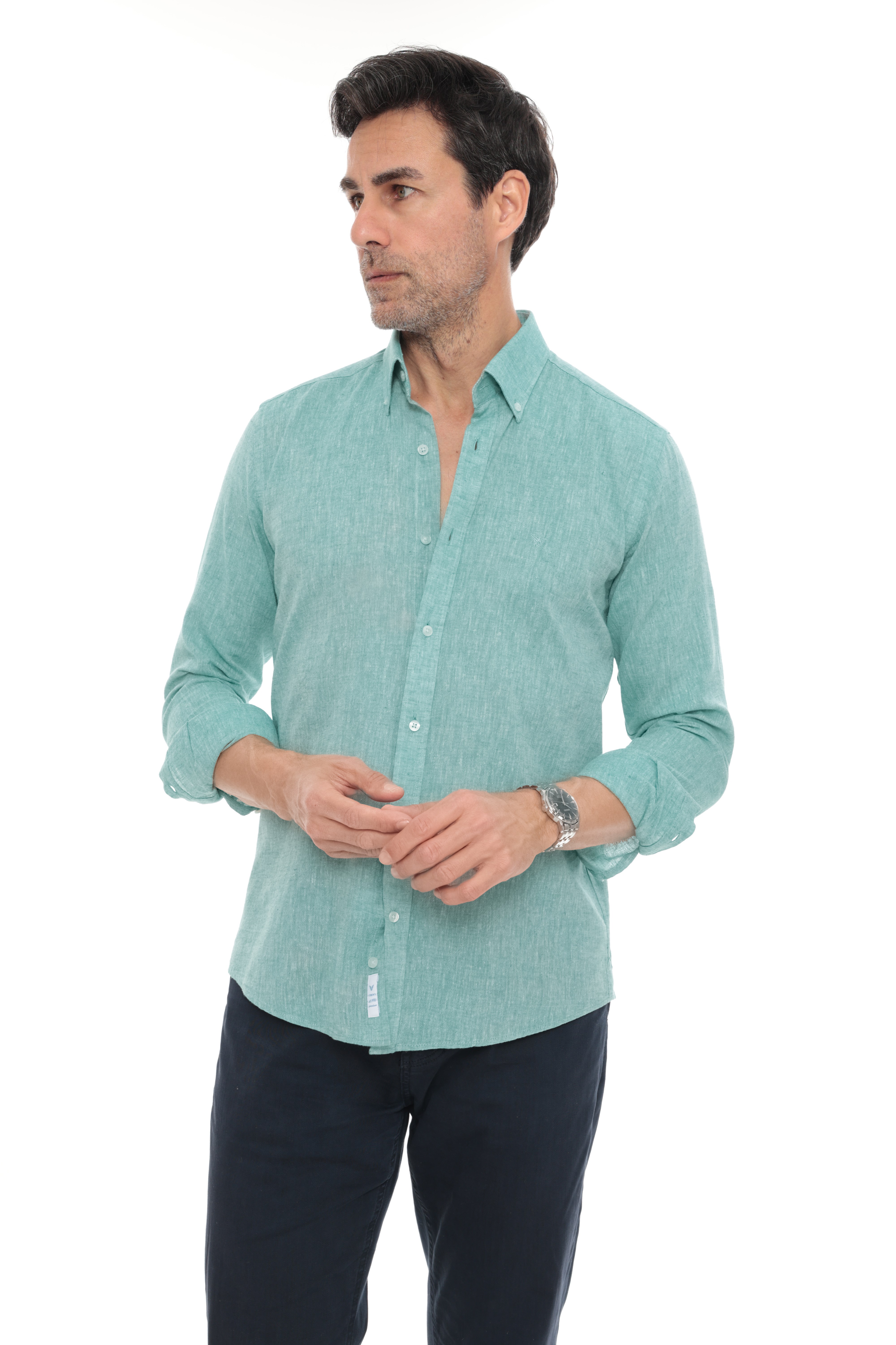 Slim Fit Uzun Kol Yaka Düğmeli Nefes Alan Keten Hediye Kutulu Erkek Gömlek FS-004548 - Açık Yeşil