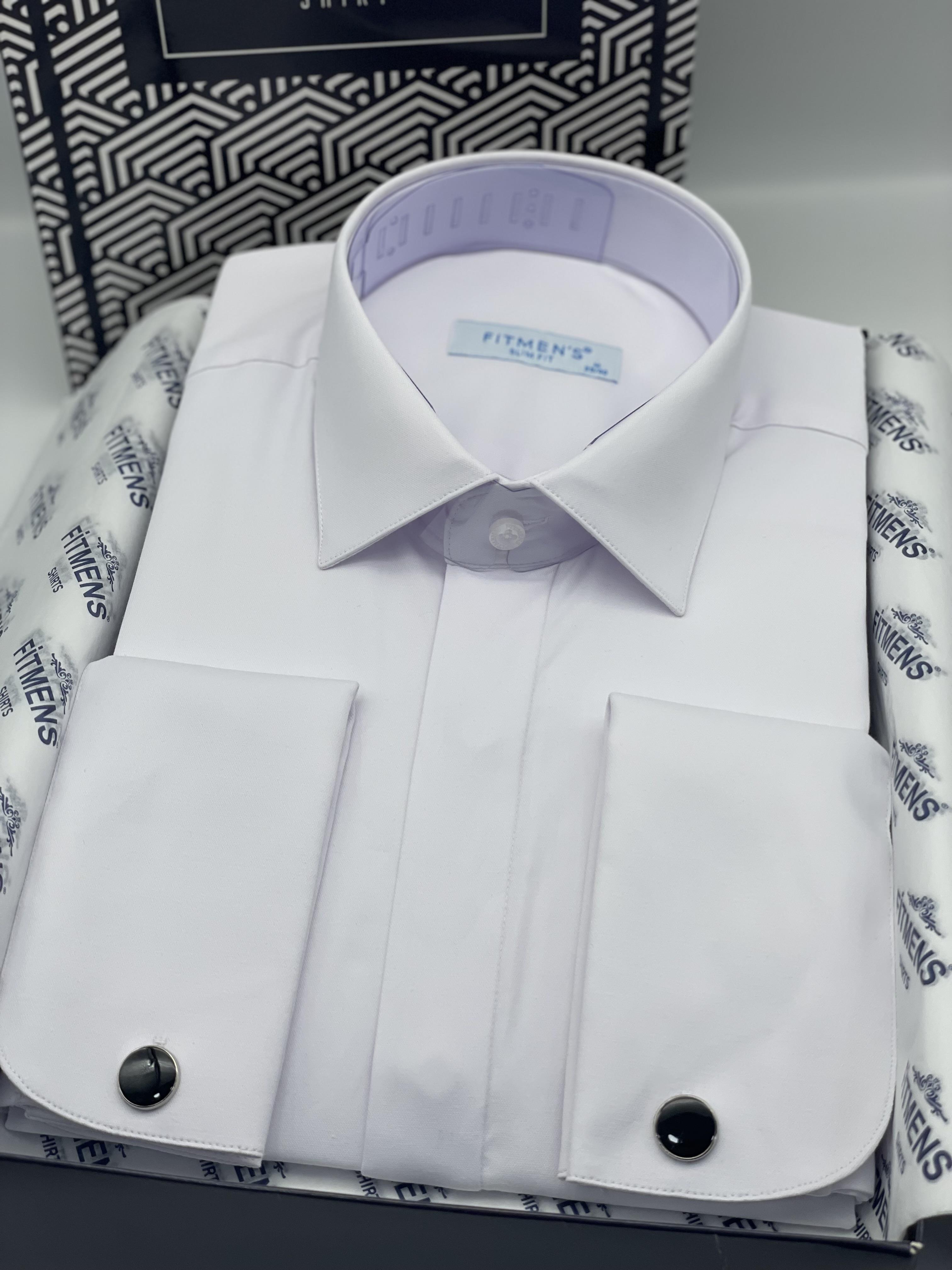 Slim Fit Uzun Kol Gizli Düğmeli Likralı Smokin Damatlık Erkek Gömlek FS-004296 - Beyaz