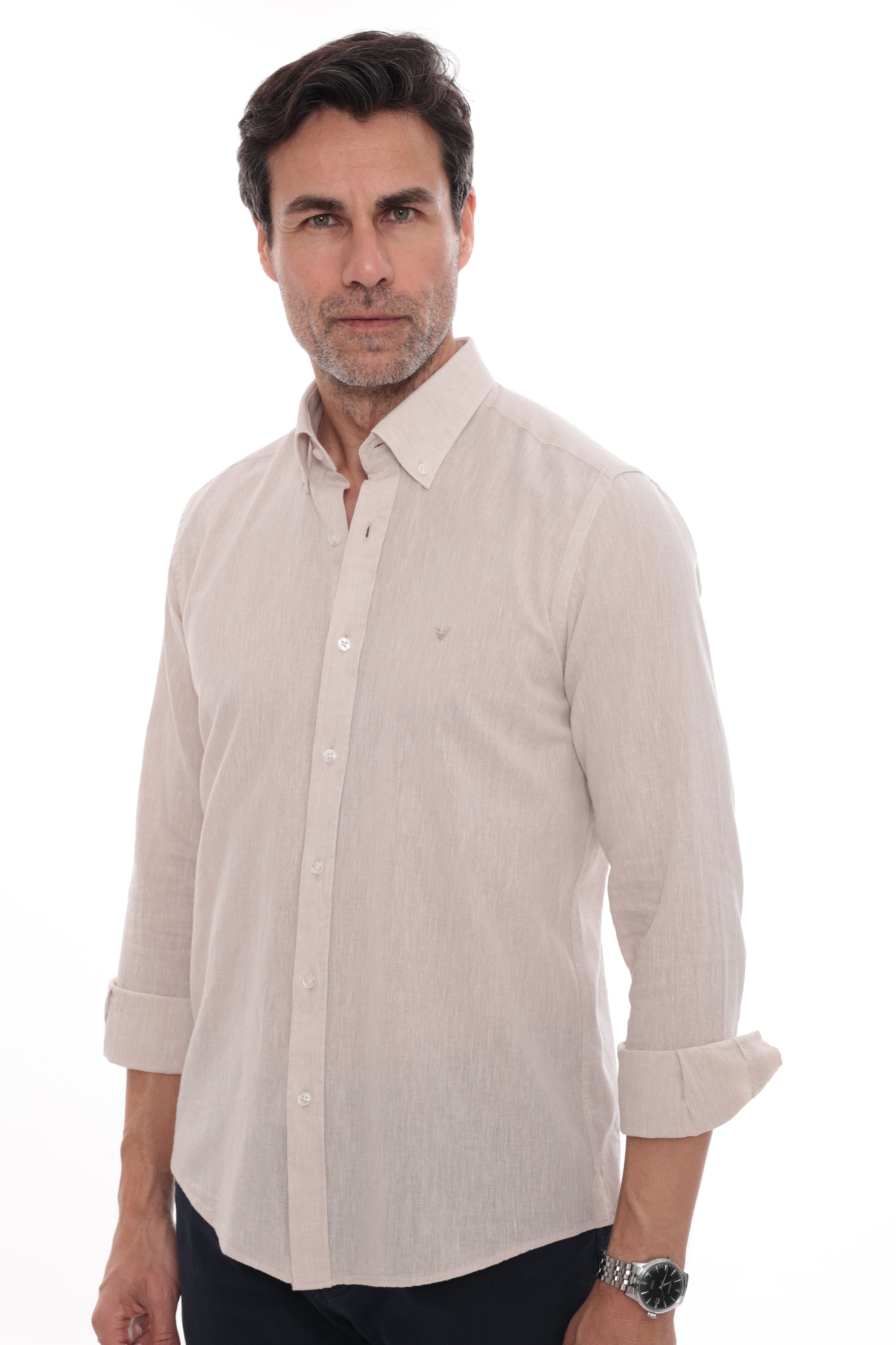 Slim Fit Uzun Kol Yaka Düğmeli Nefes Alan Keten Hediye Kutulu Erkek Gömlek FS-004548 - Açık Bej