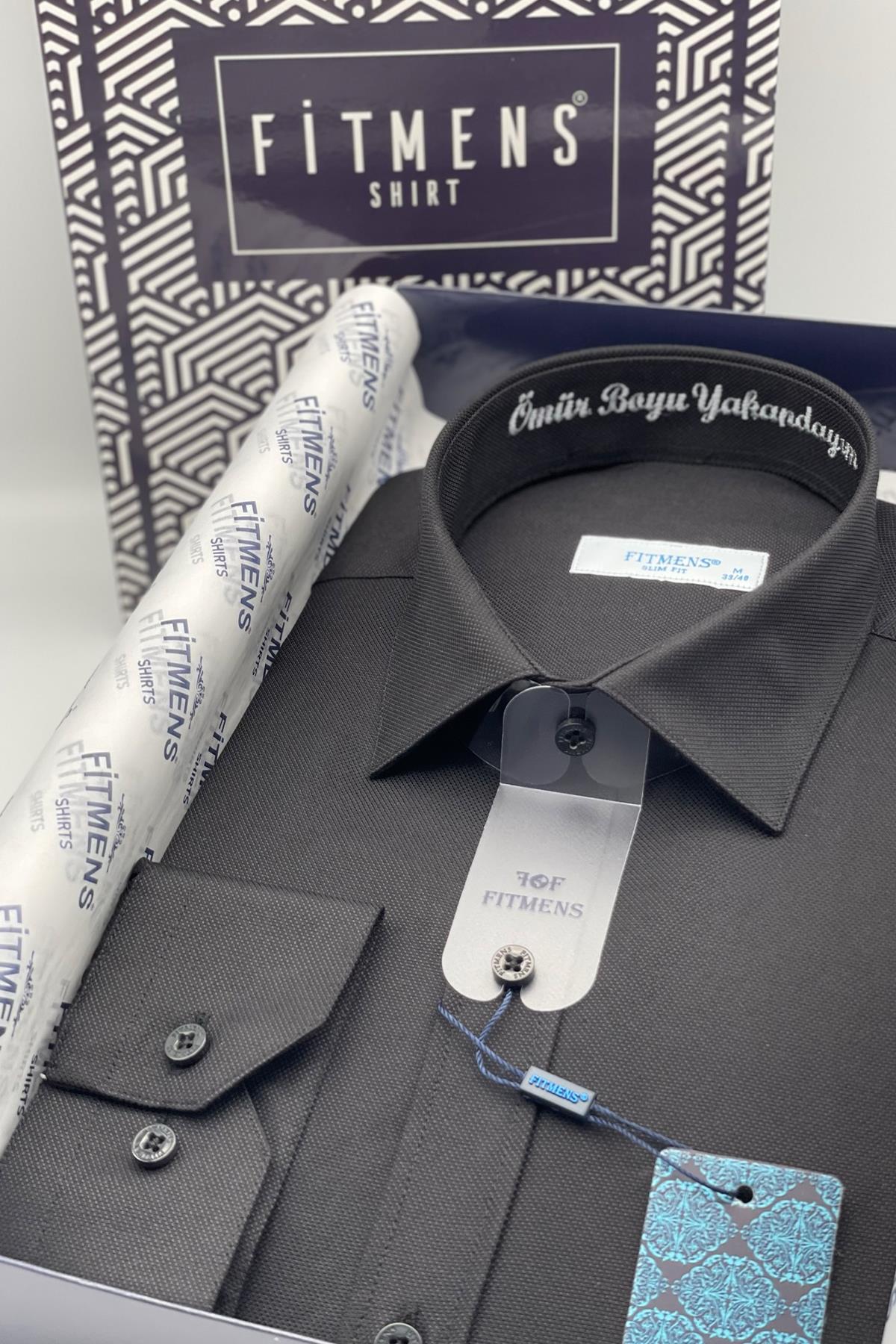 Slim Fit Uzun Kol Ömür Boyu Yakandayım Nakışlı Hediye Kutulu Erkek Gömlek FS-001376 - Siyah