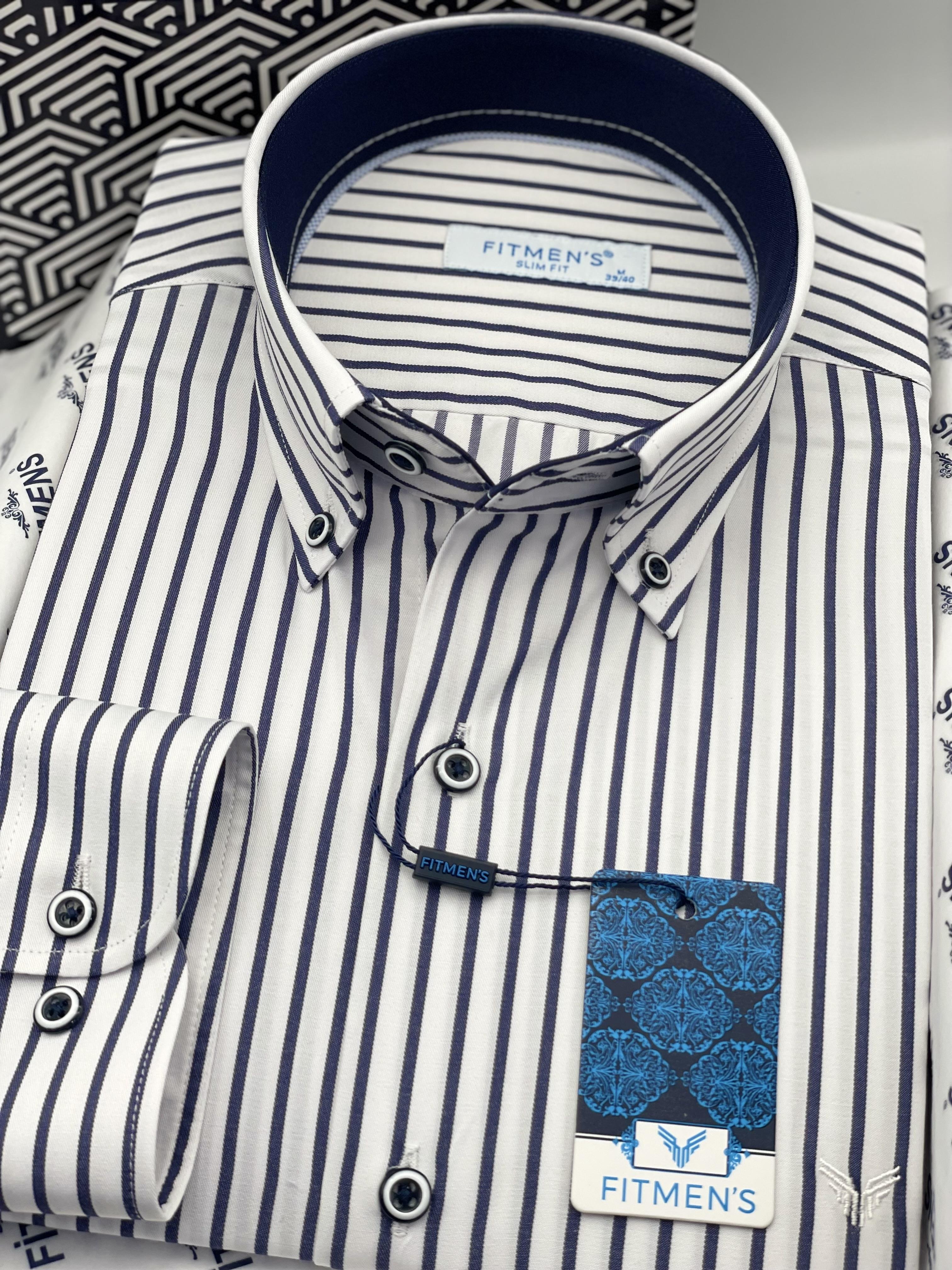 Slim Fit Uzun Kol Premium Kalın Çizgili Yaka Düğmeli Hediye Kutulu Kolay Ütülenebilir Erkek Gömlek FS-001375 - Beyaz Lacivert