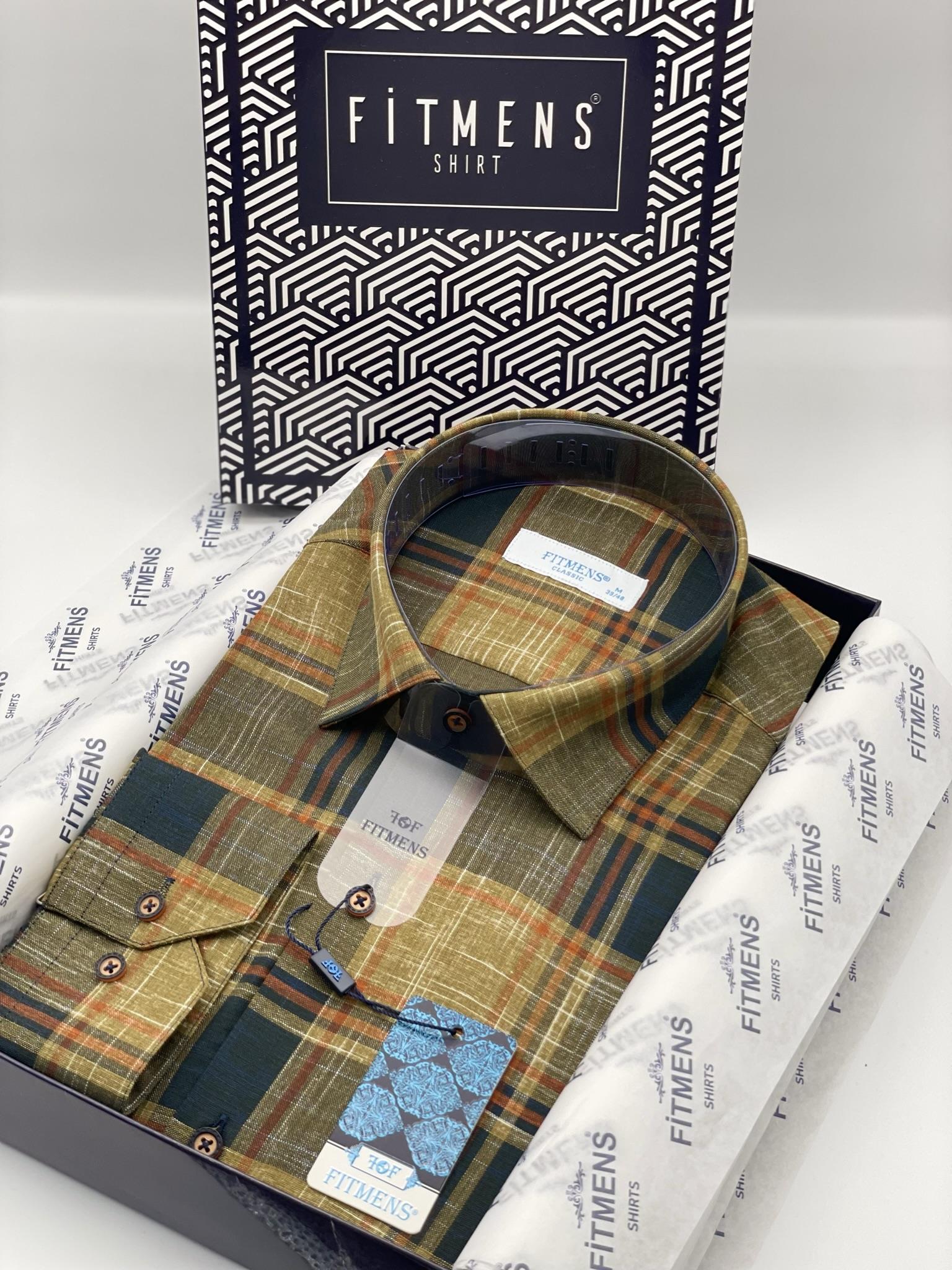 Klasik Uzun Kol Kareli Keten Cotton Cepsiz Yaka Alttan Düğmeli Erkek Hediye Kutulu Gömlek FS-003172 - Hardal