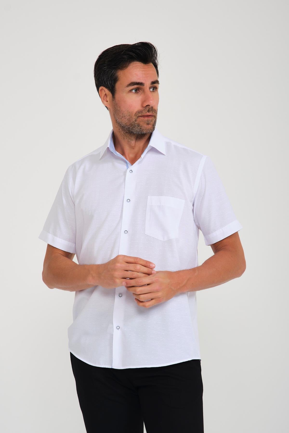 Klasik Kısa Kol Neon Çiçek Armür Hediye Kutulu Erkek Gömlek FS-001214 - Beyaz