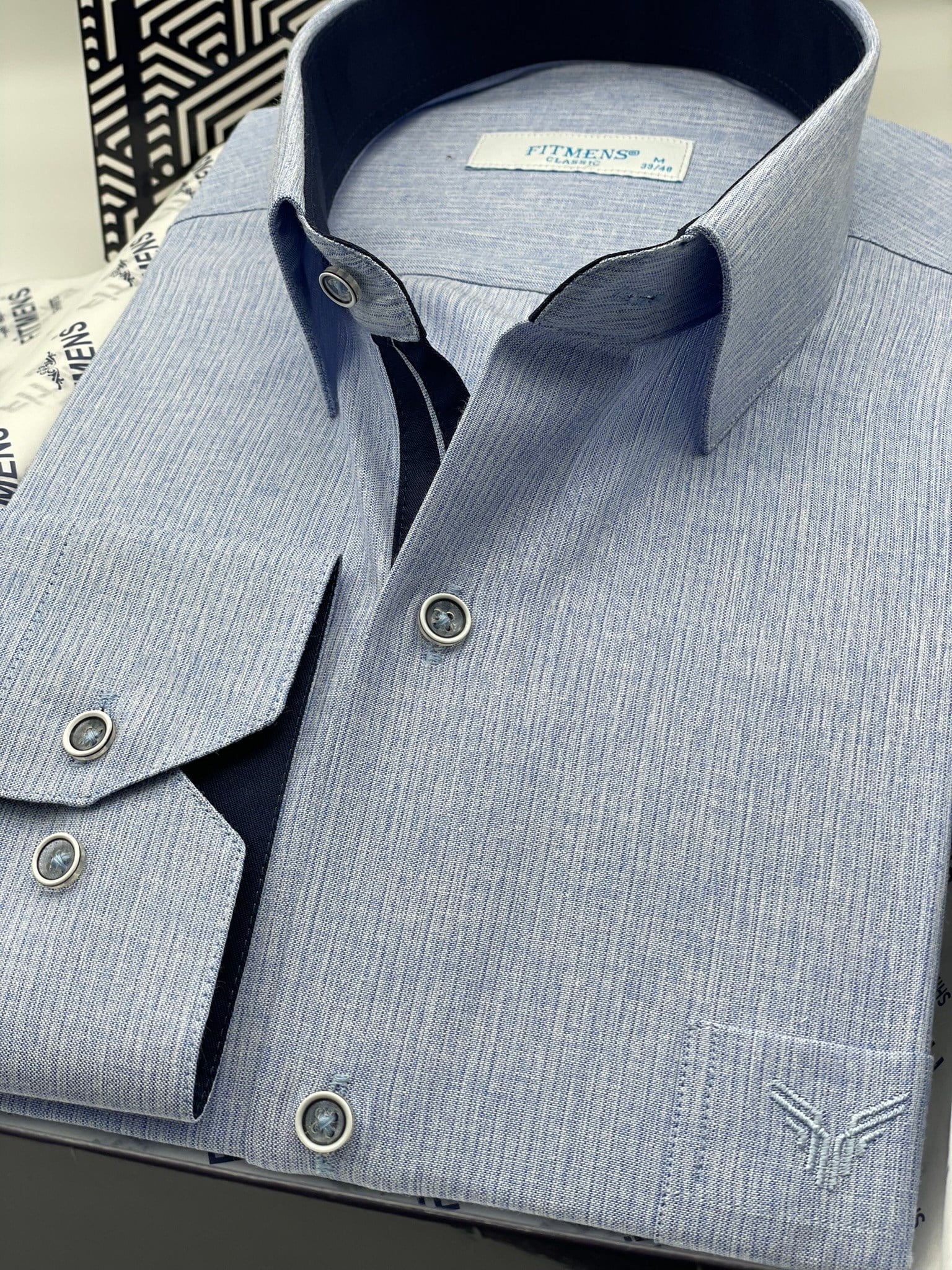 Klasik Uzun Kol Keten Cotton Hediye Kutulu Erkek Gömlek FS-001261 - Mavi