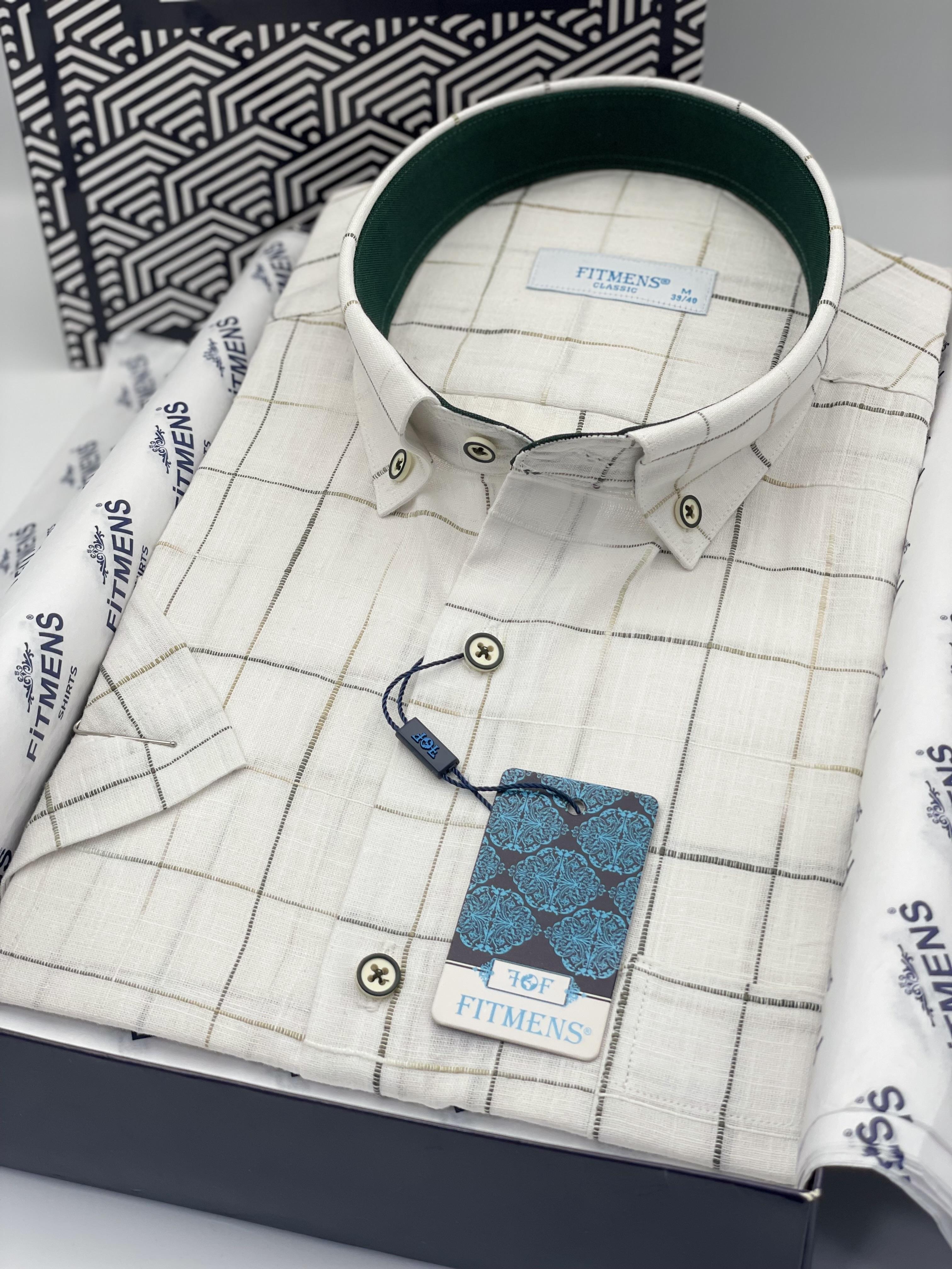 Klasik Kısa Kol Kareli Keten Cotton Yaka Düğmeli Hediye Kutulu Erkek Gömlek FS-003573 - Beyaz Yeşil