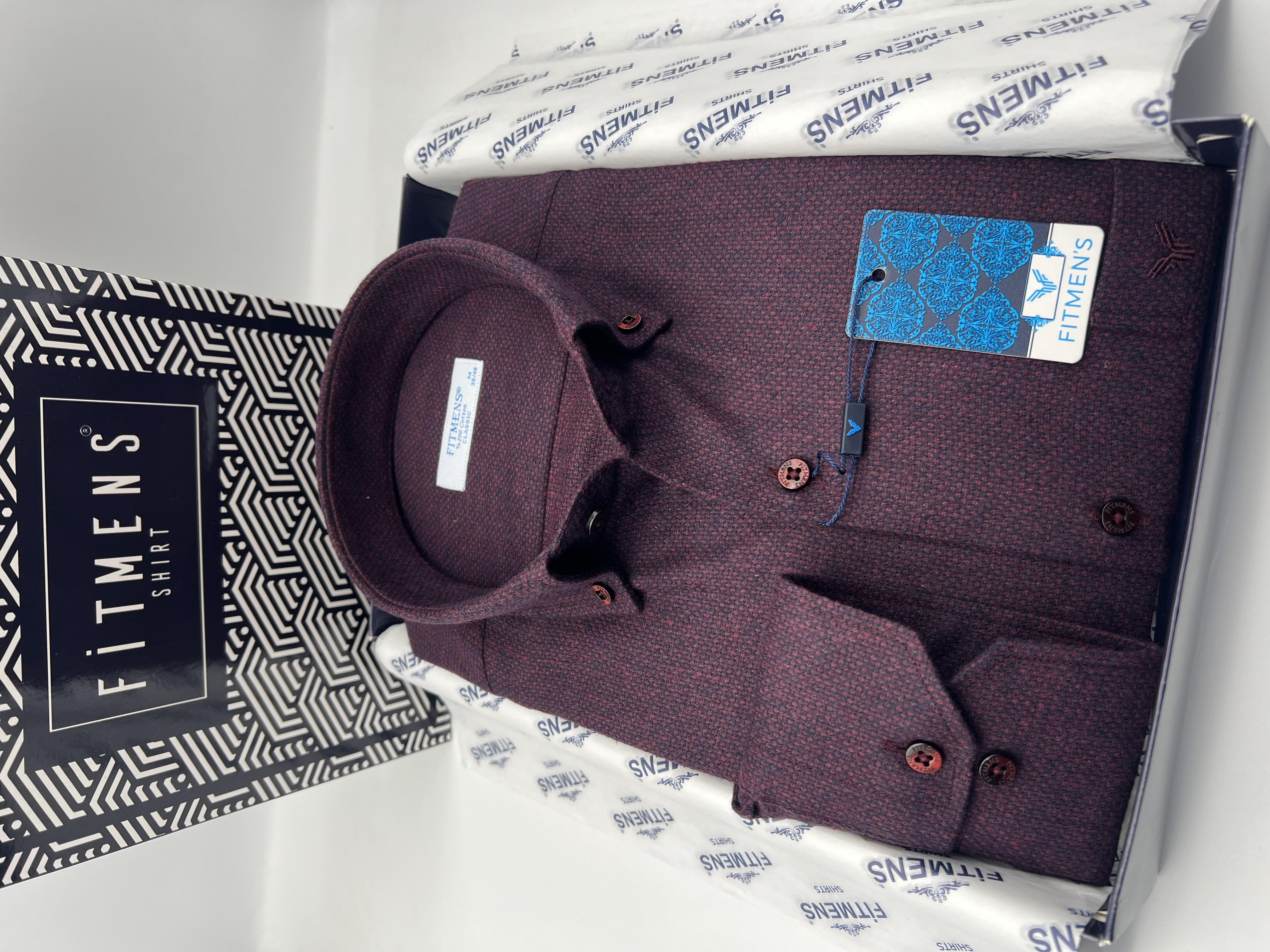Klasik Uzun Kol Kışlık Kuşgözü Yaka Düğmeli Yünlü %100 Cotton Hediye Kutulu Erkek Gömlek FS-003768 - Bordo