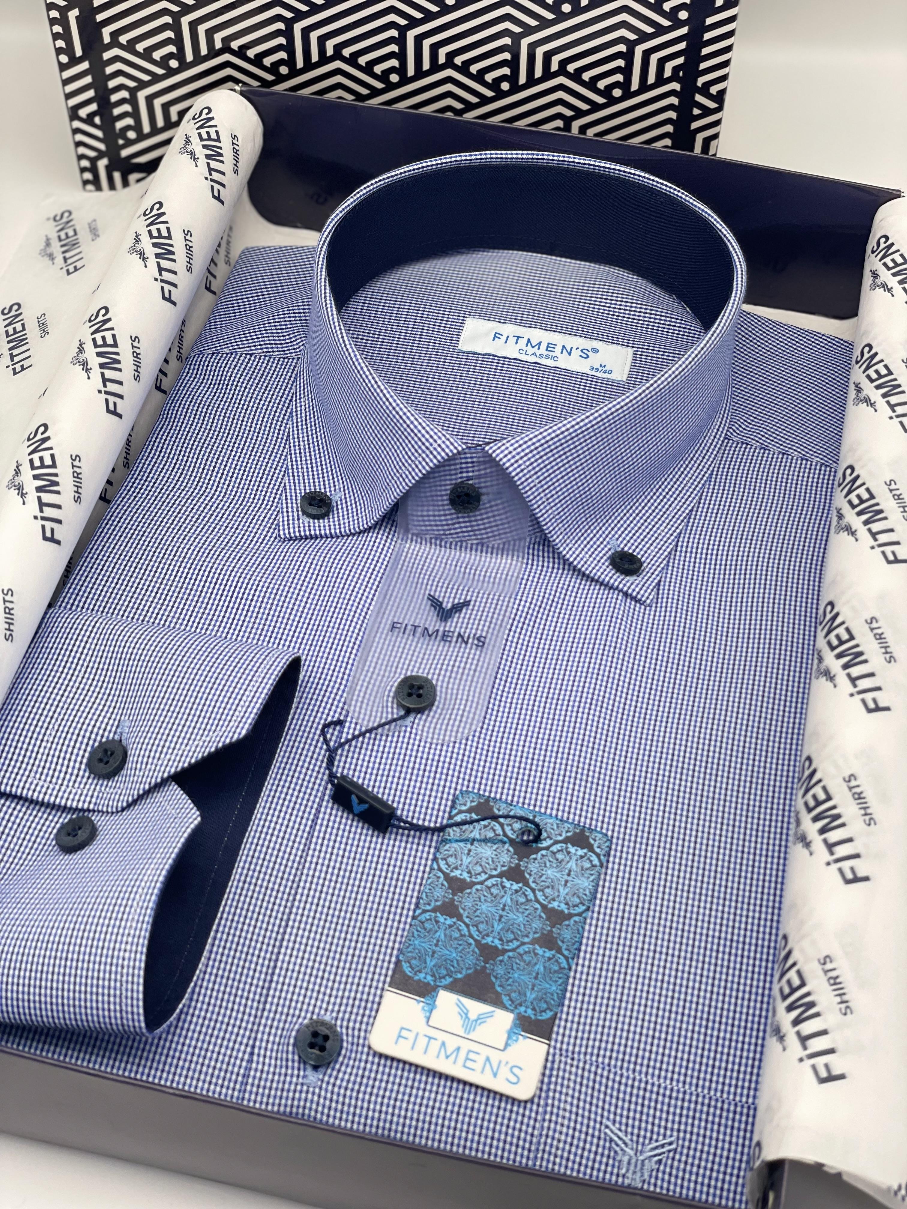 Klasik Uzun Kol Pöti Kareli Yaka Düğmeli Hediye Kutulu Erkek Gömlek FS-002273 - Mavi