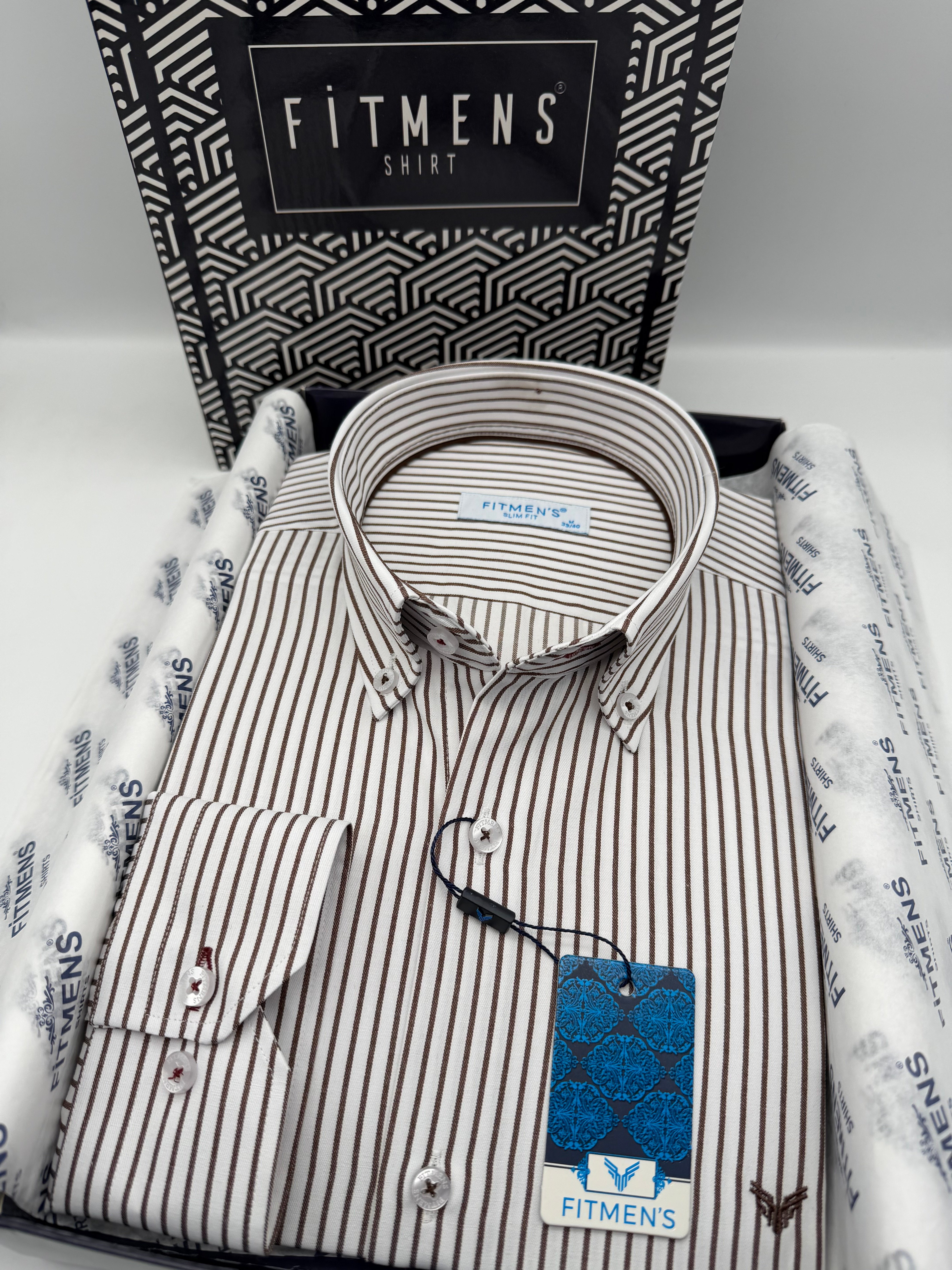 Slim Fit Uzun Kol Premium Çizgili Yaka Düğmeli Hediye Kutulu Erkek Gömlek FS-004440 - Kahverengi
