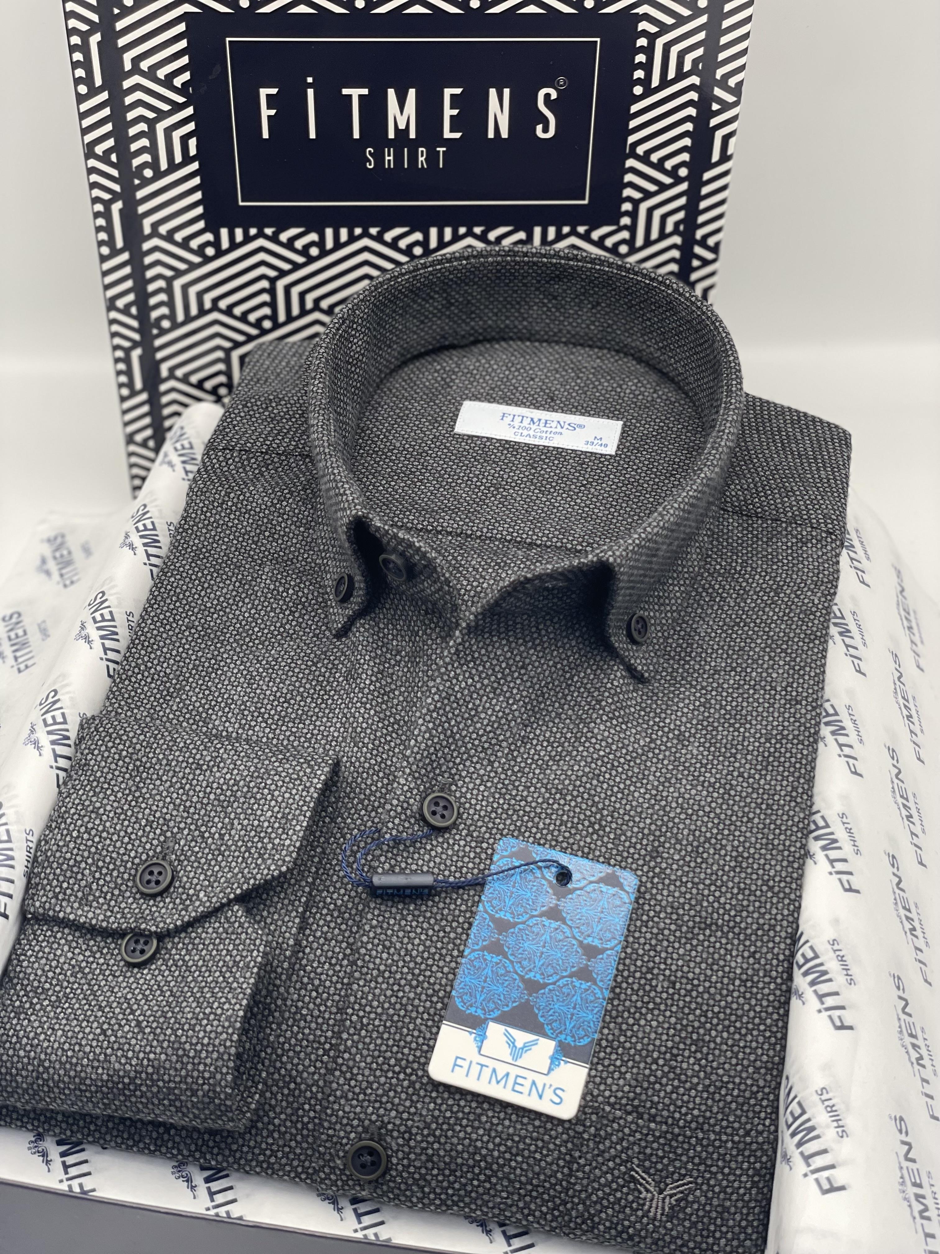 Klasik Uzun Kol Kışlık Kuşgözü Yaka Düğmeli Yünlü %100 Cotton Hediye Kutulu Erkek Gömlek FS-003768 - Antrasit