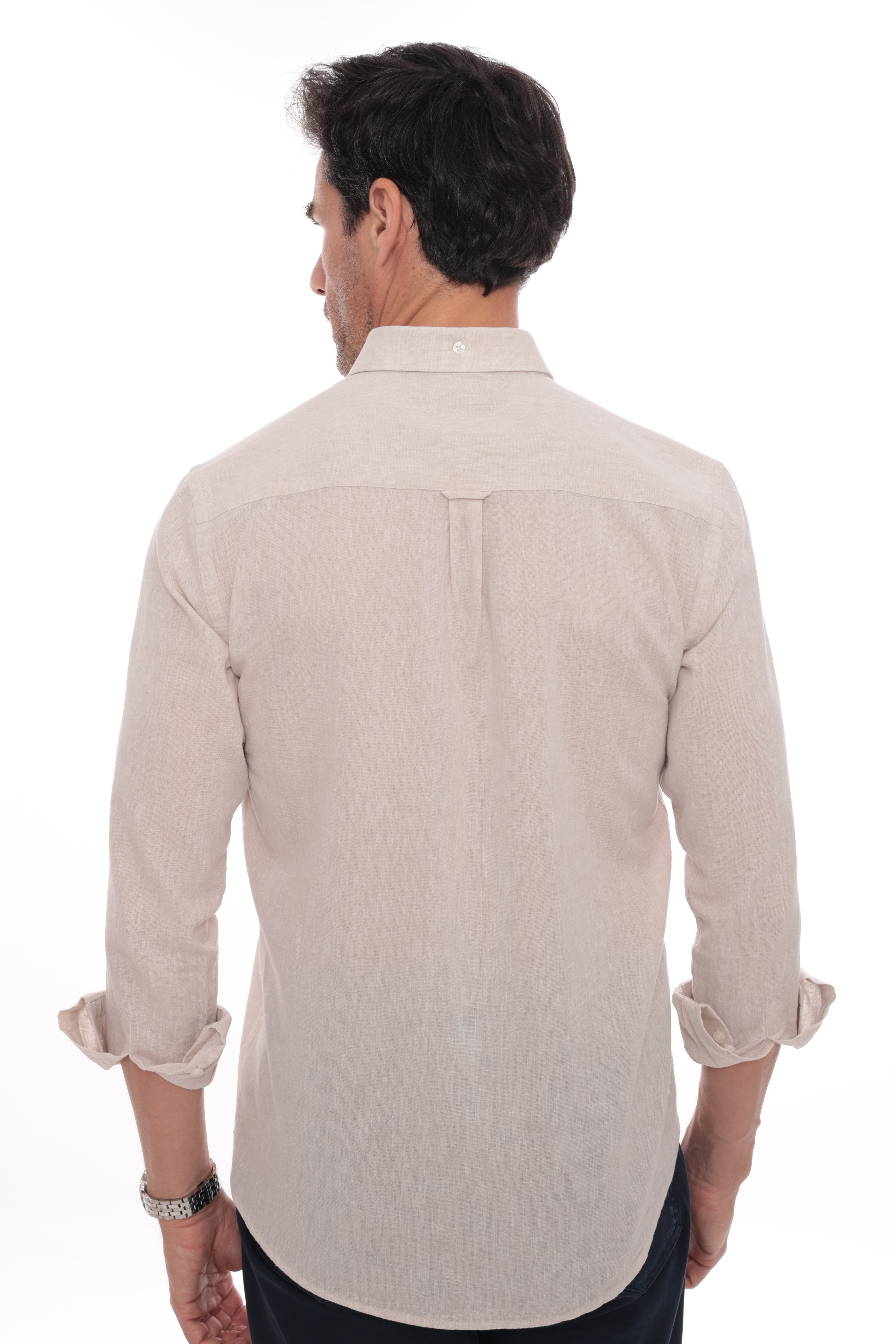 Slim Fit Uzun Kol Yaka Düğmeli Nefes Alan Keten Hediye Kutulu Erkek Gömlek FS-004548 - Açık Bej