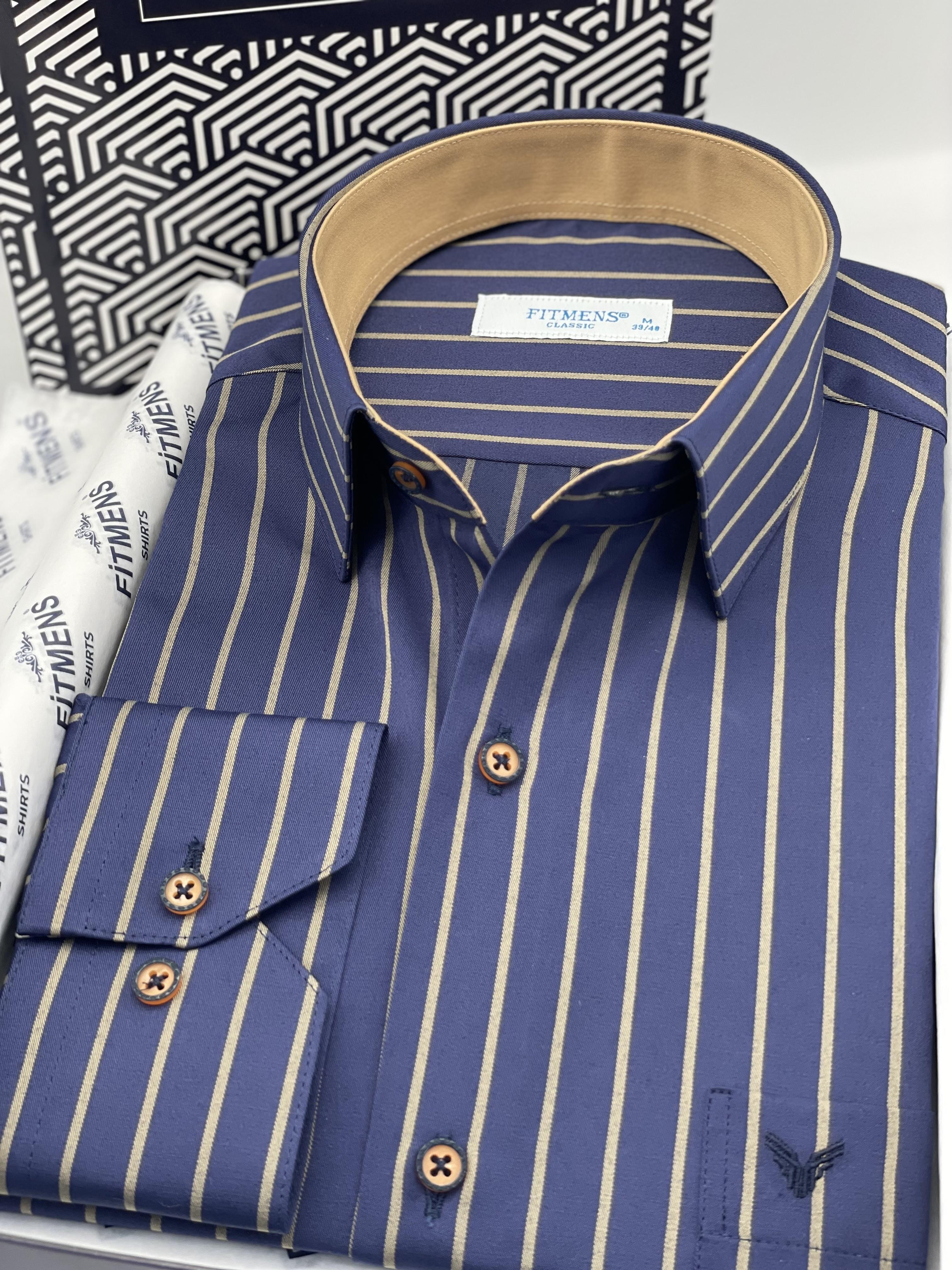 Klasik Uzun Kol Premium Çizgili Hediye Kutulu Erkek Gömlek FS-003565 - Lacivert Bej