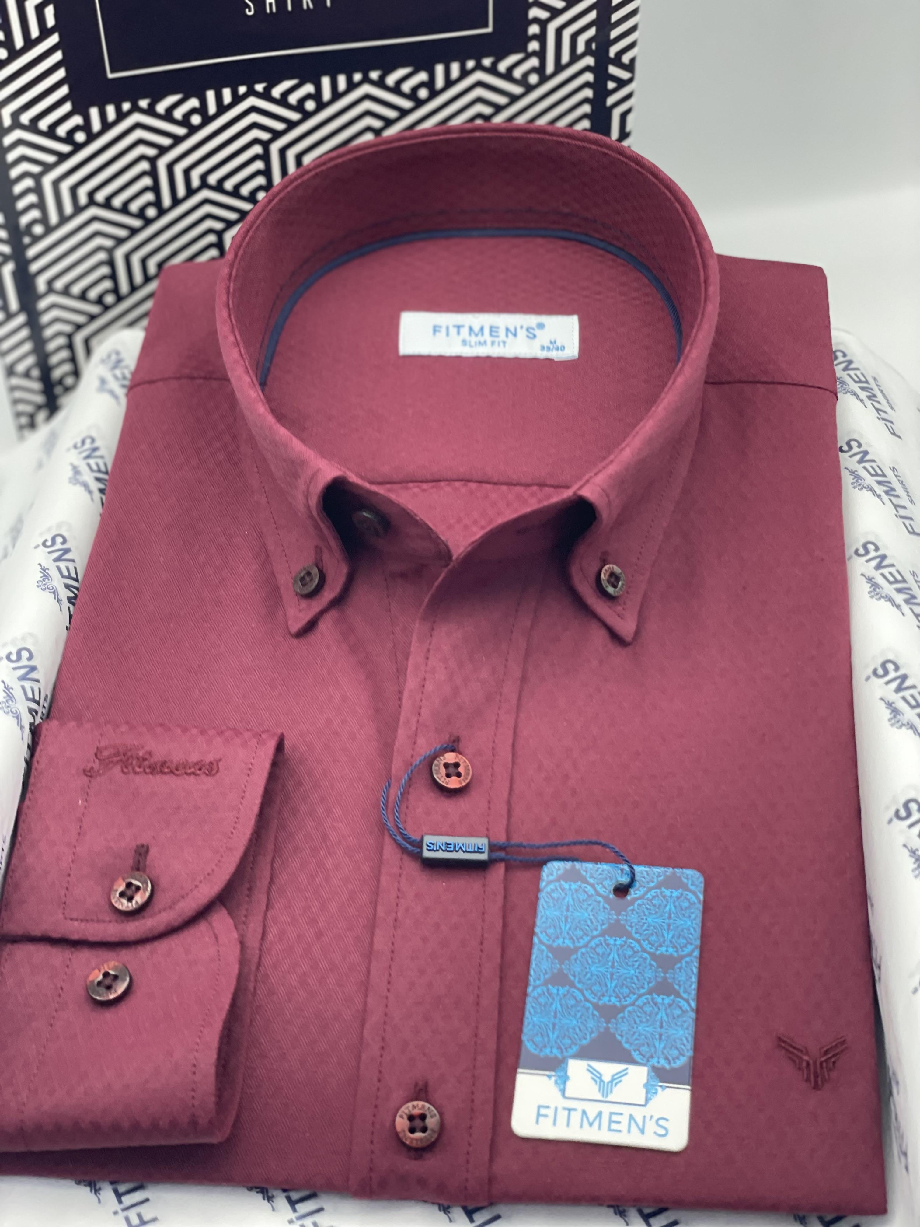 Slim Fit Uzun Kol Baklava Desen Kol Nakışlı Yaka Düğmeli Hediye Kutulu Şık Erkek Gömlek FS-004200 - Bordo