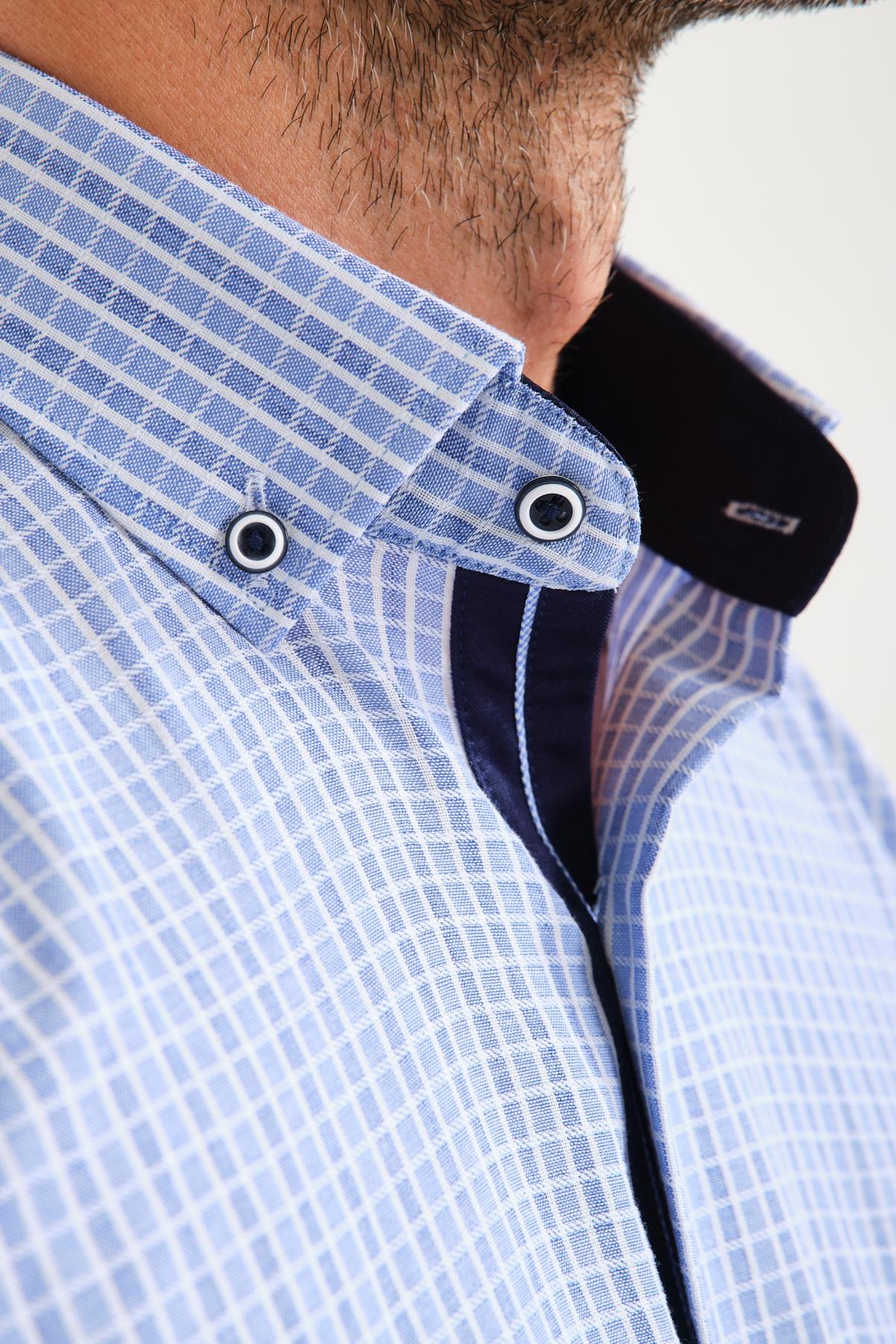 Klasik Kısa Kol Neon Kare Yaka Düğmeli Hediye Kutulu Erkek Gömlek FS-001221 - Mavi