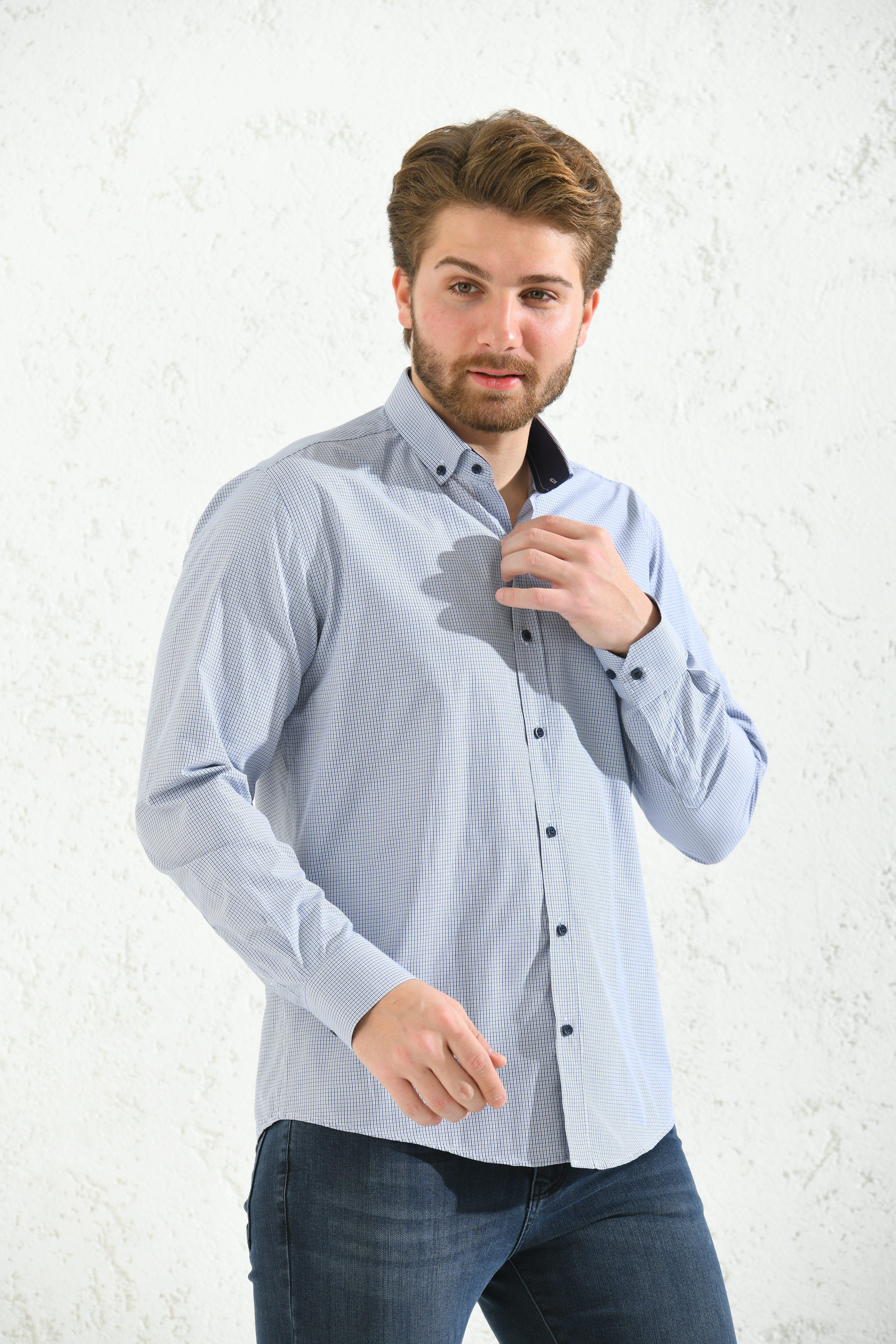 Slim Fit Uzun Kol Pöti Kareli Yaka Düğmeli Hediye Kutulu Erkek Gömlek FS-001373 - Gri