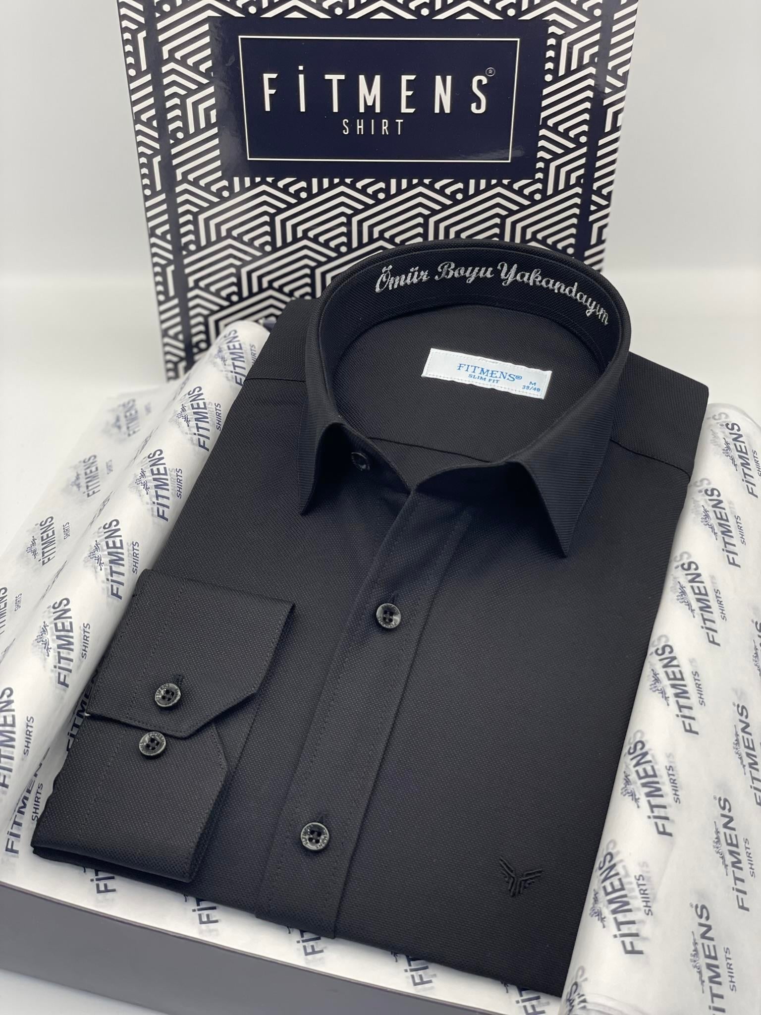 Slim Fit Uzun Kol Ömür Boyu Yakandayım Nakışlı Hediye Kutulu Erkek Gömlek FS-001376 - Siyah