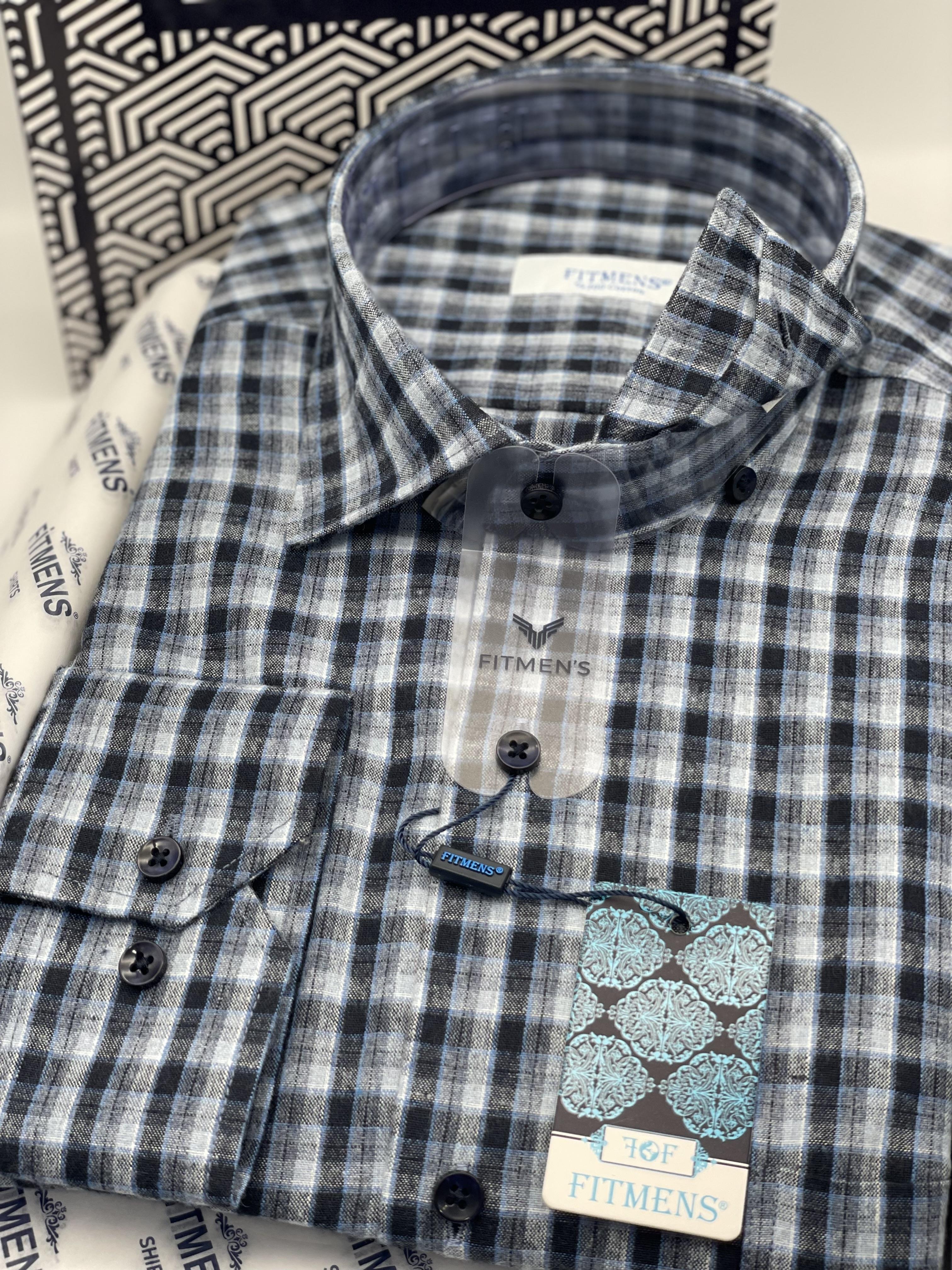 Klasik Uzun Kol Kışlık %100 Cotton Kareli Yaka Alttan Düğmeli Hediye Kutulu Erkek Gömlek FS-001984 - Açık Mavi