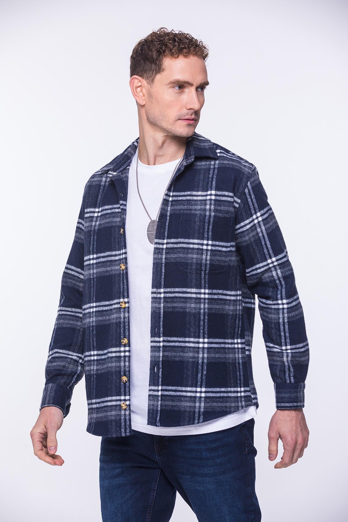 Oversize Oduncu Yumuşak Dokulu %100 Cotton Kareli Hediye Kutulu Erkek Gömlek FS-002169 - Lacivert