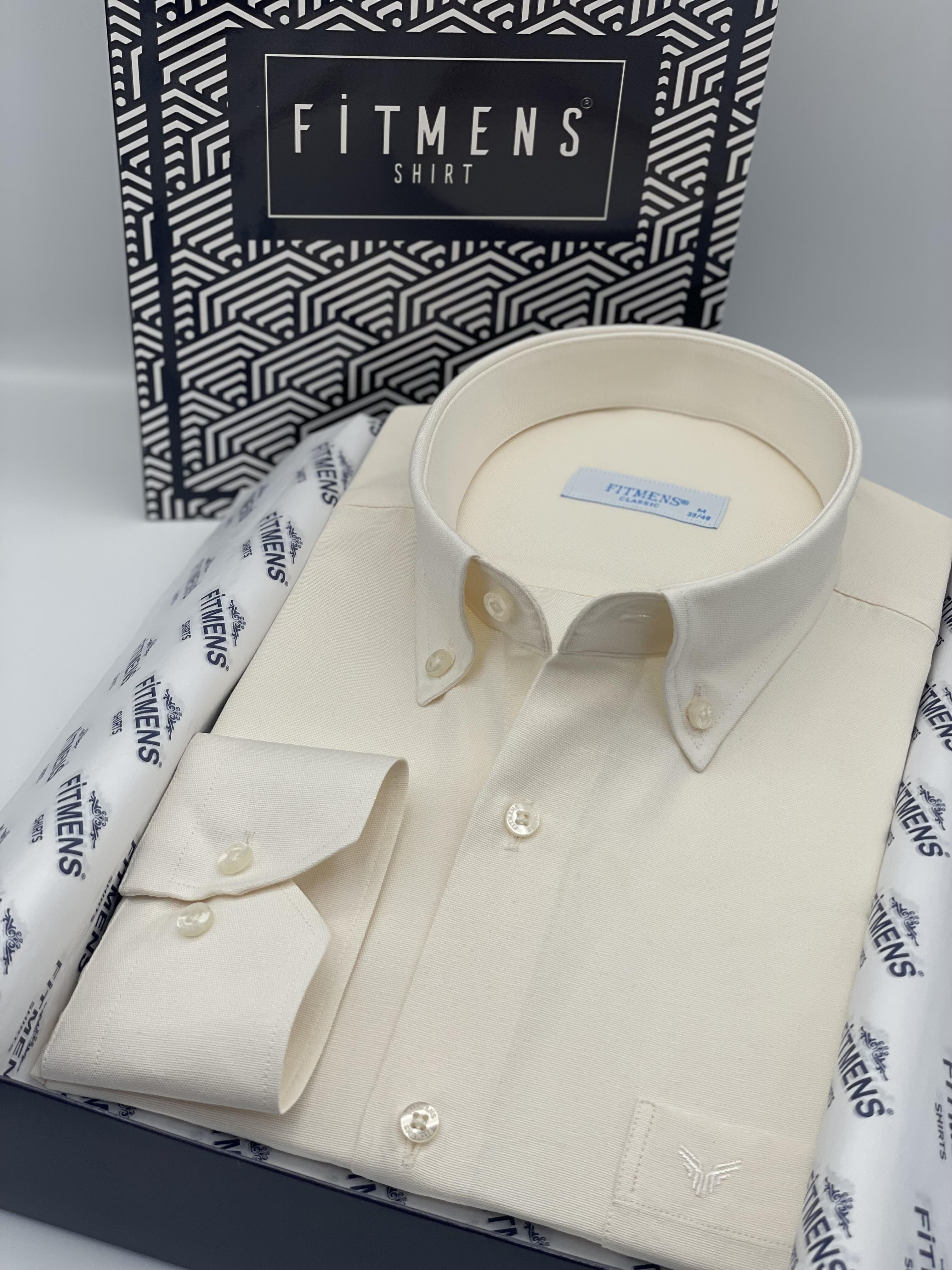 Klasik Uzun Kol Pamuklu Yaka Düğmeli Hediye Kutulu Kolay Ütülenebilir Erkek Gömlek FS-003897 - Krem