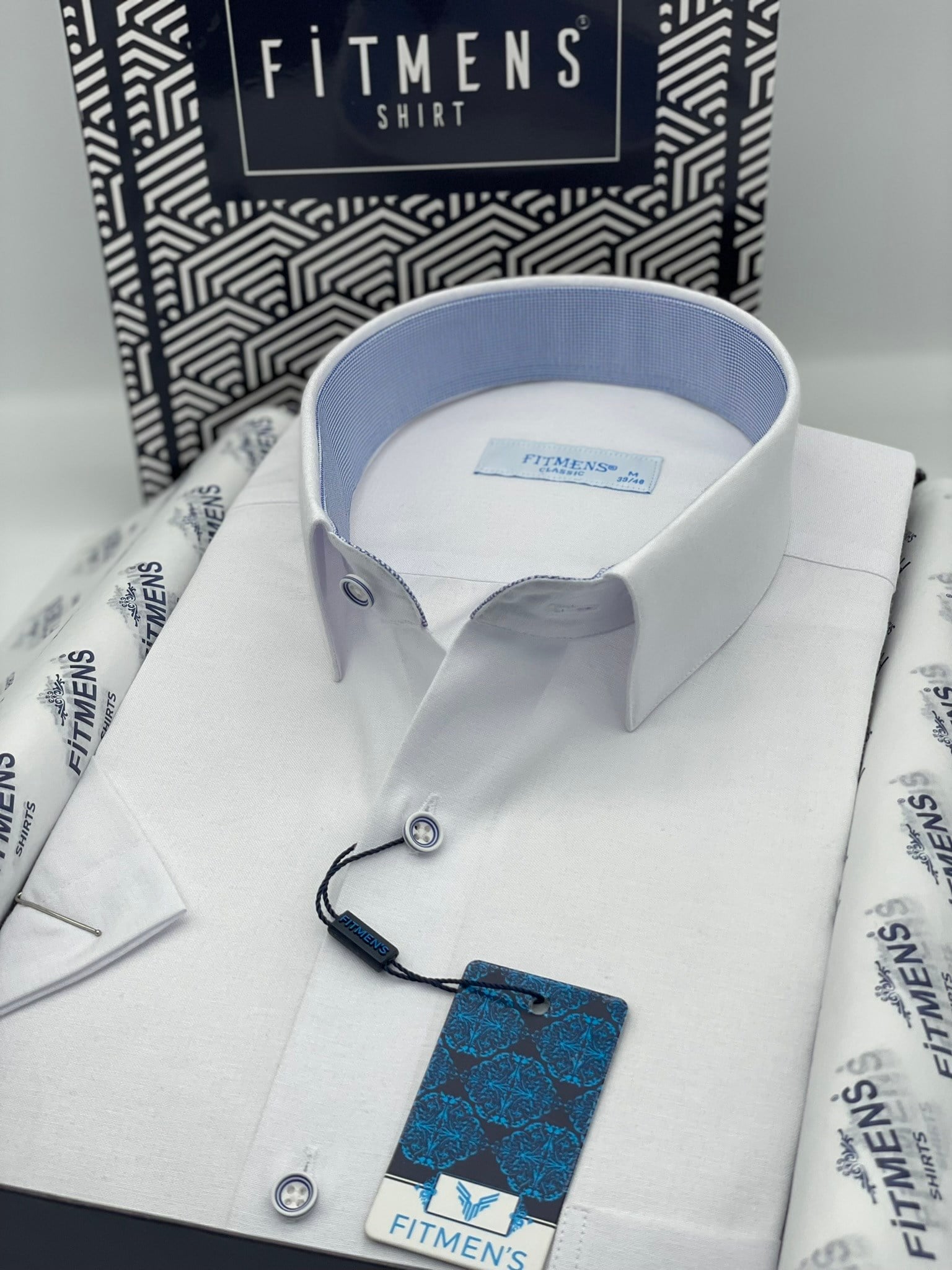 Klasik Kısa Kol Keten Cotton Hediye Kutulu Erkek Gömlek FS-003624 - Beyaz Açık Mavi