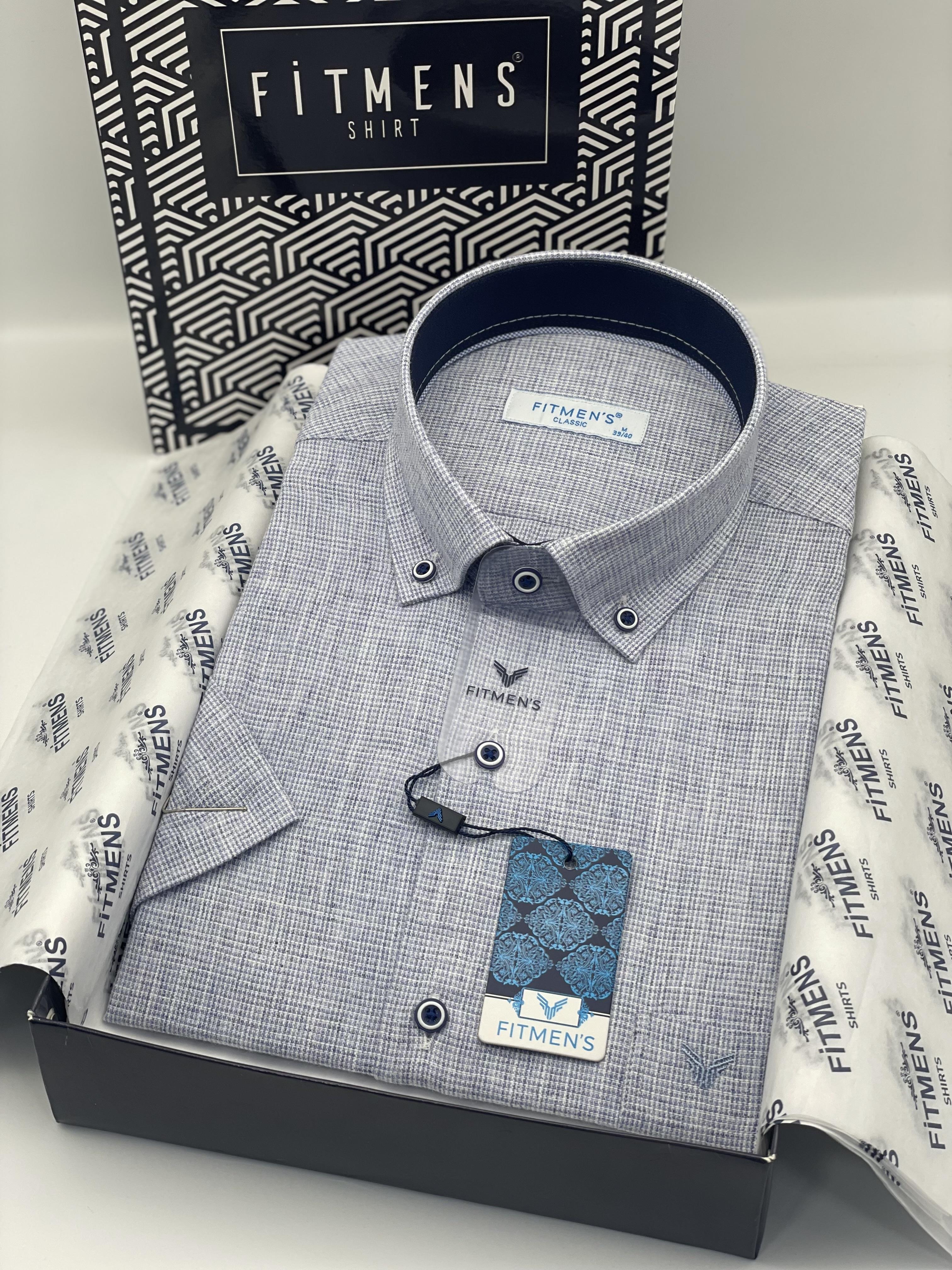 Klasik Kısa Kol Keten Yaka Düğmeli Hediye Kutulu Erkek Gömlek FS-003626 - Mavi