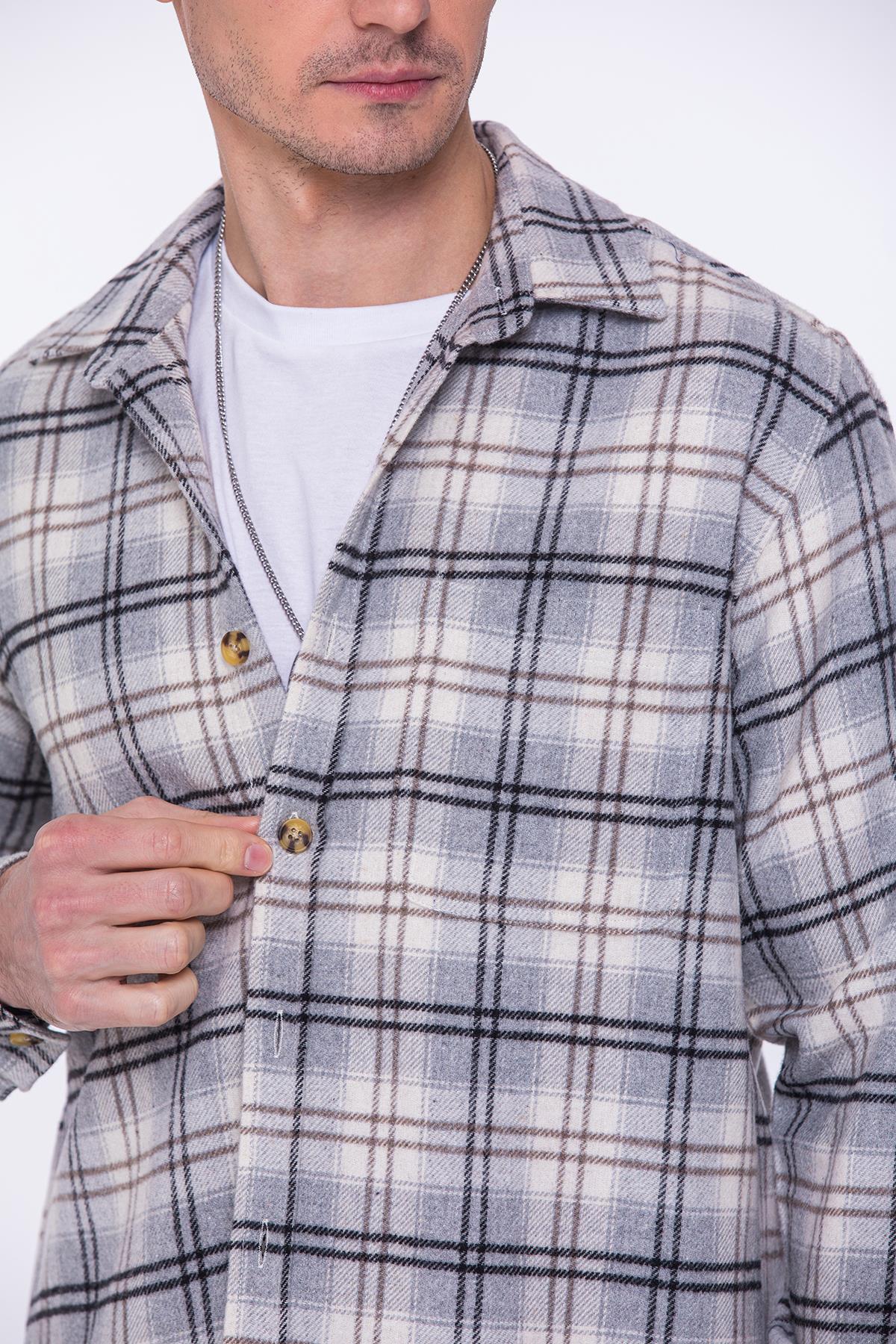 Oversize Oduncu Yumuşak Dokulu %100 Cotton Kareli Hediye Kutulu Erkek Gömlek FS-002200 - Gri