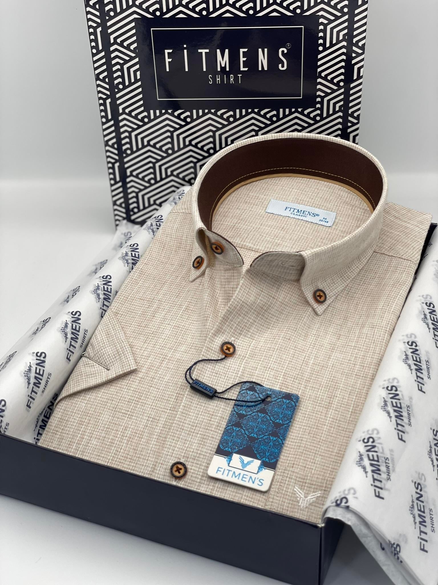 Klasik Kısa Kol Keten Yaka Düğmeli Hediye Kutulu Erkek Gömlek FS-003626 - Kahverengi