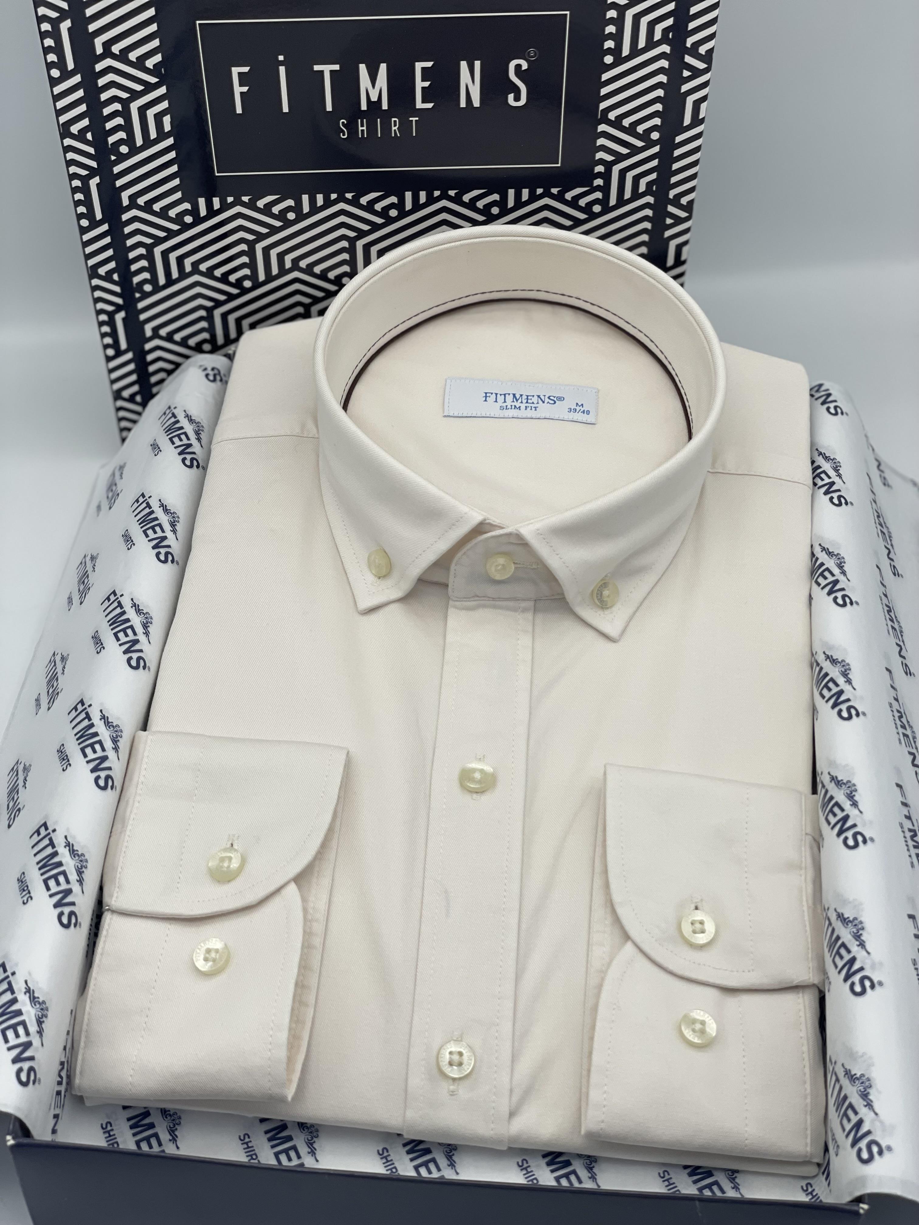 Slim Fit Uzun Kol Yıkamalı Gabardin Hediye Kutulu Erkek Gömlek FS-001364 - Krem
