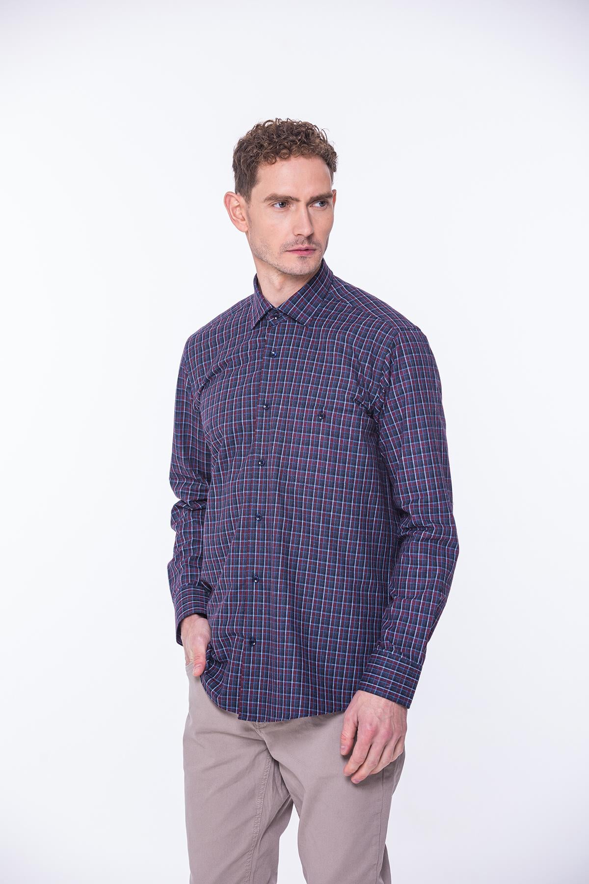 Klasik Uzun Kol Kışlık %100 Cotton Kareli Yaka Alttan Düğmeli Hediye Kutulu Erkek Gömlek FS-001984 - Bordo