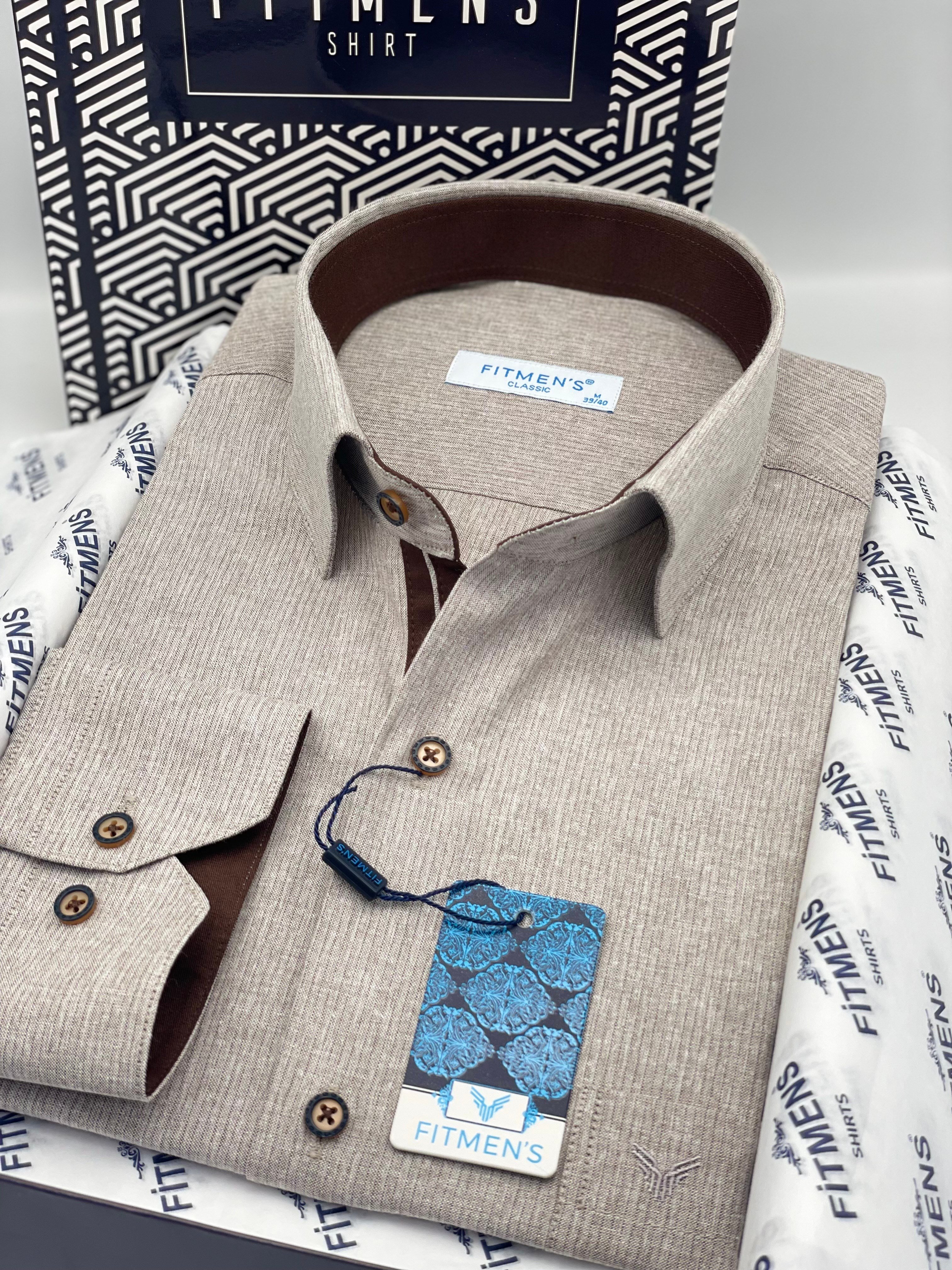 Klasik Uzun Kol Keten Cotton Hediye Kutulu Erkek Gömlek FS-001261 - Bej