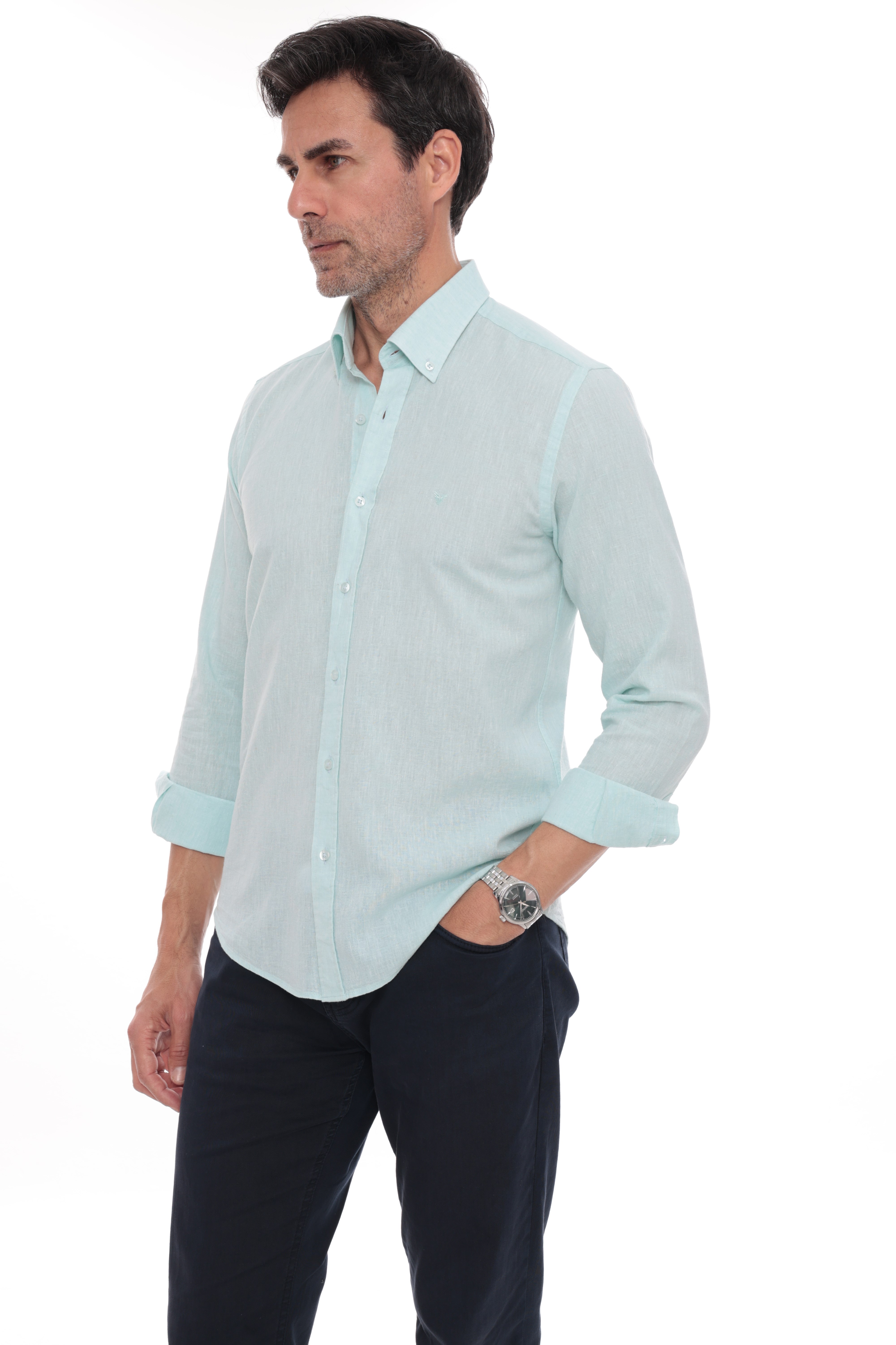 Slim Fit Uzun Kol Yaka Düğmeli Nefes Alan Keten Hediye Kutulu Erkek Gömlek FS-004548 - Mint