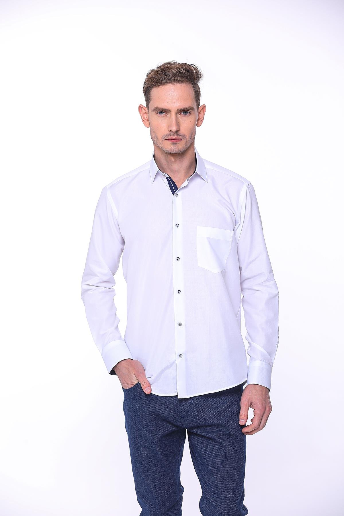 Klasik Uzun Kol Filafil Pitikareli Swift Hediye Kutulu Erkek Gömlek FS-001263 - Beyaz Lacivert