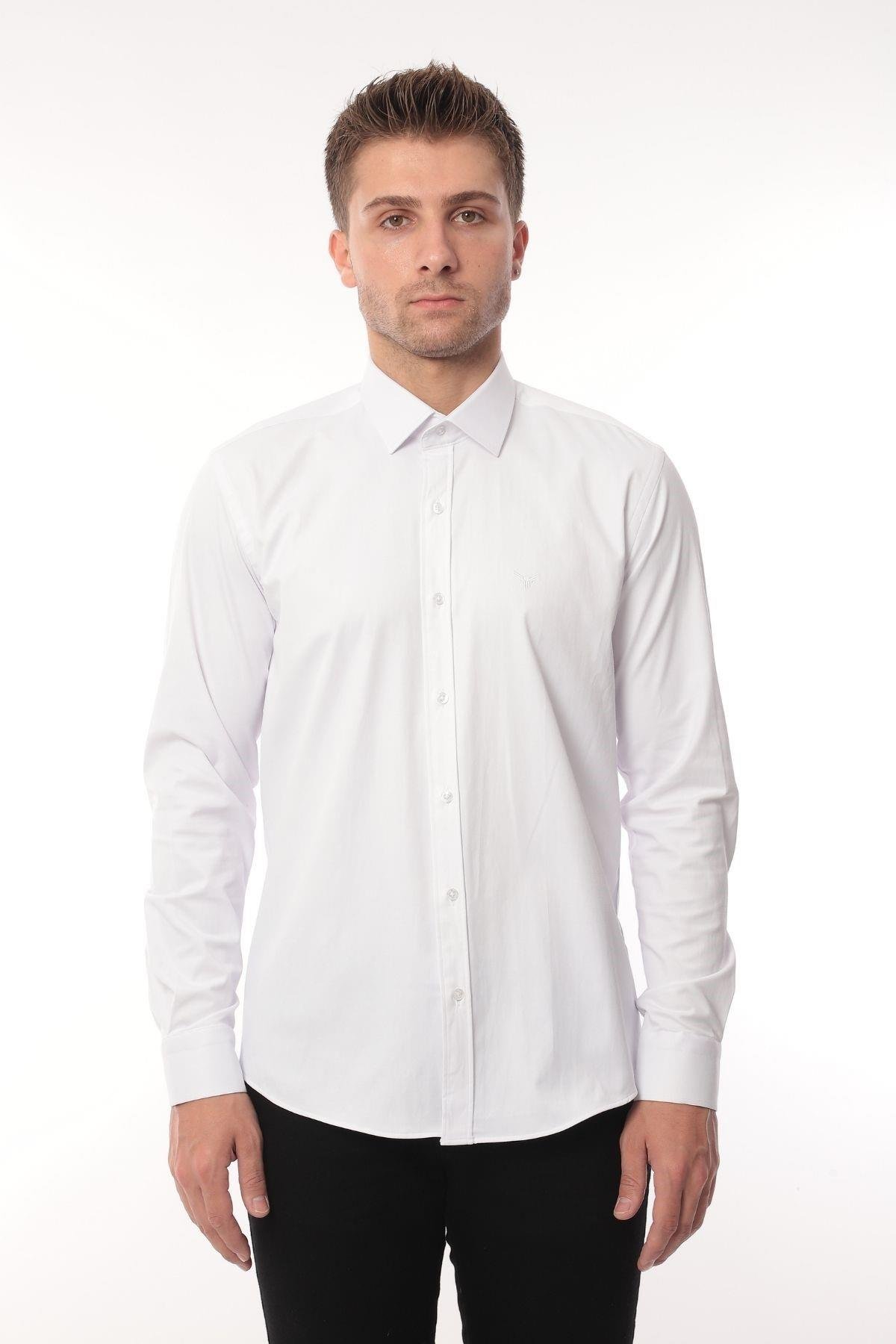 Slim Fit Uzun Kol Likralı Hediye Kutulu Kolay Ütülenebilir Erkek Gömlek FS-002969 - Beyaz