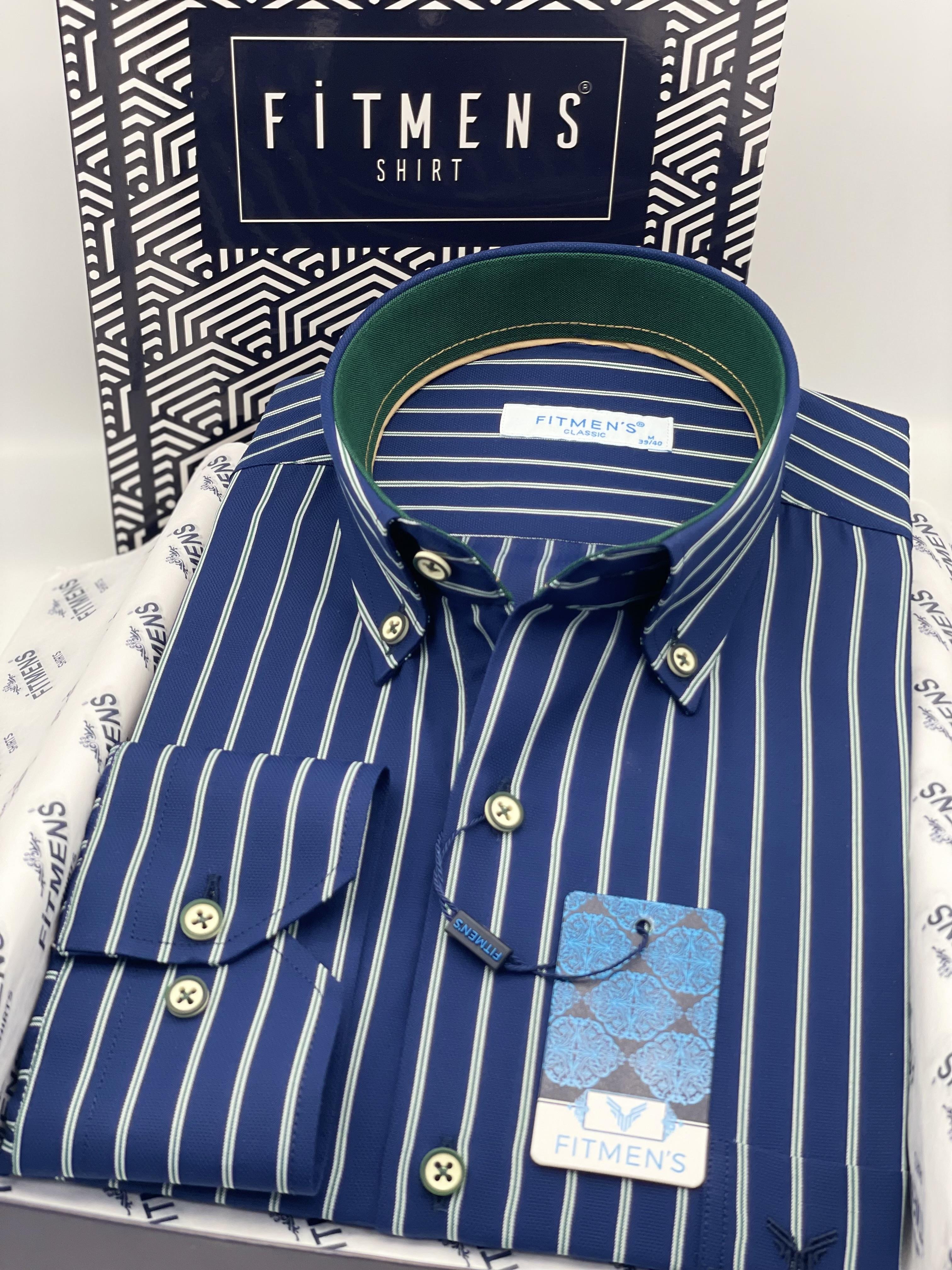 Klasik Geniş Kesim Uzun Kol Elegance Çizgili Yaka Düğmeli Hediye Kutulu Erkek Gömlek FS-004340 - Lacivert Yeşil