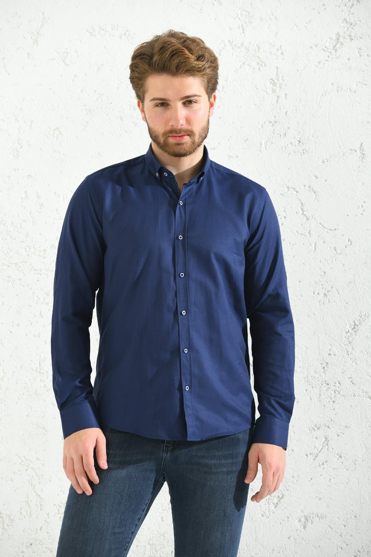 Slim Fit Uzun Kol Oxford Hediye Kutulu Kolay Ütülenebilir Erkek Gömlek - Lacivert