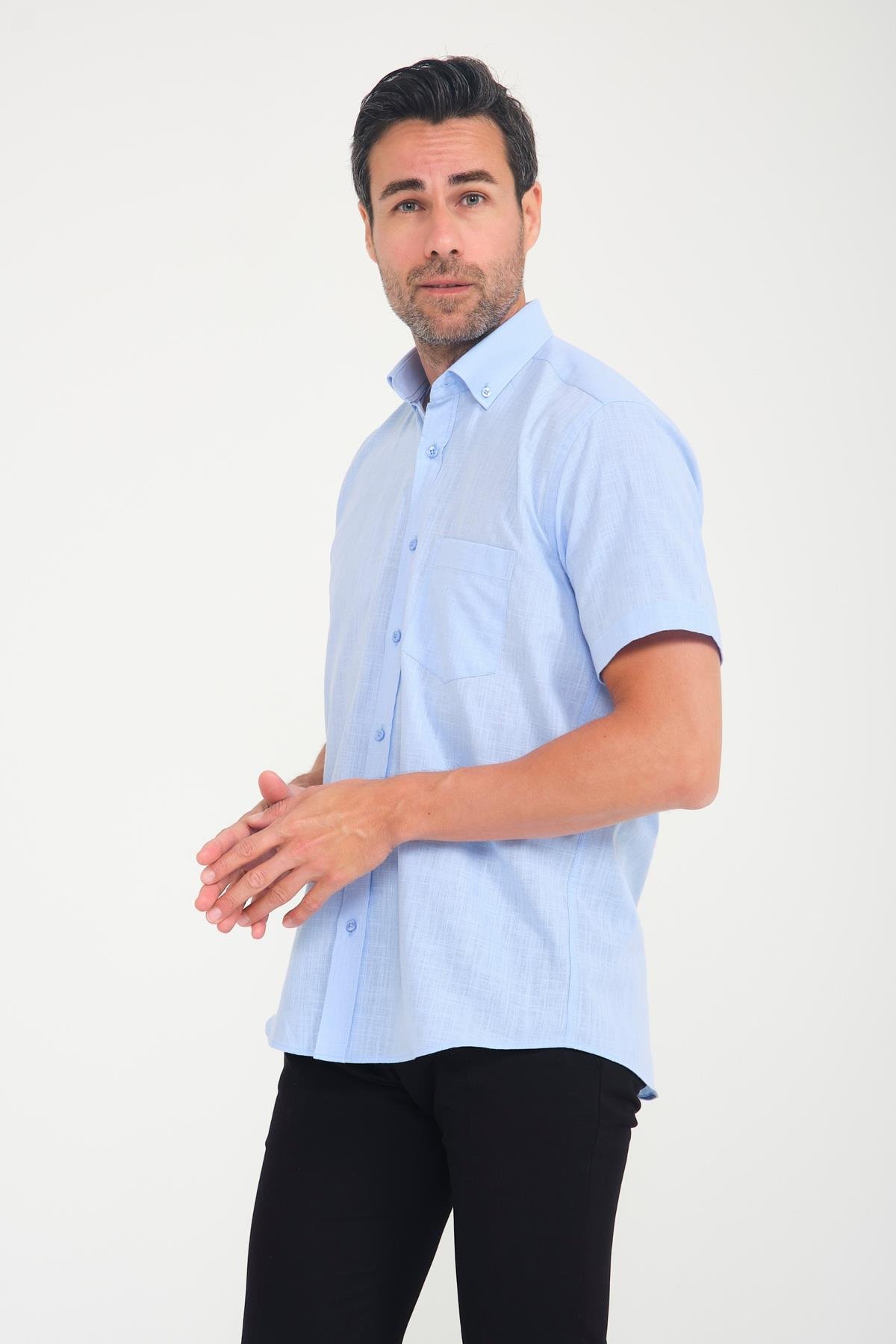 Klasik Kısa Kol Linen Keten Yaka Düğmeli Hediye Kutulu Erkek Gömlek FS-001202 - Mavi