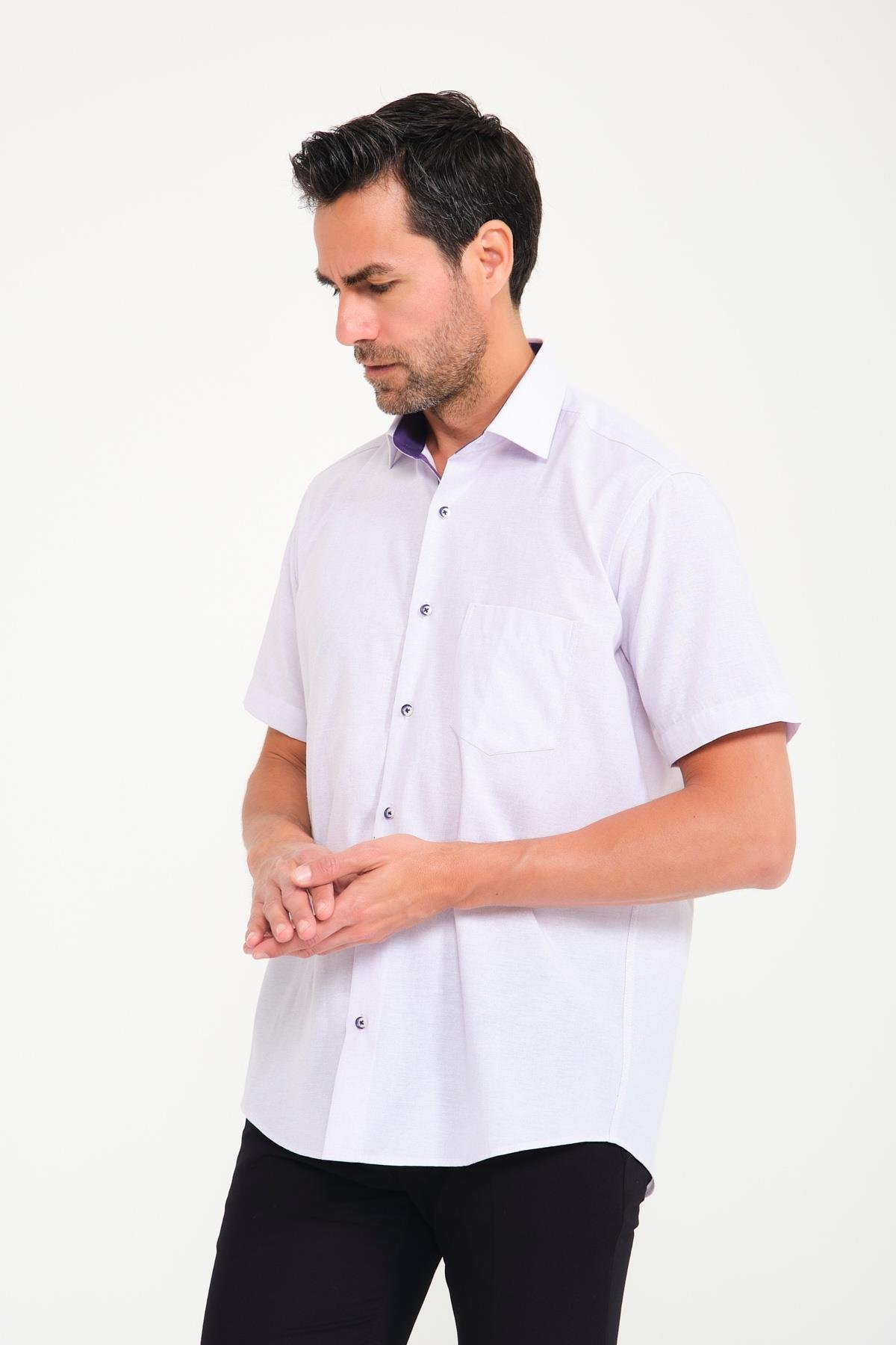 Klasik Kısa Kol Keten Cotton Garneli Hediye Kutulu Erkek Gömlek FS-000748 - Açık Lila